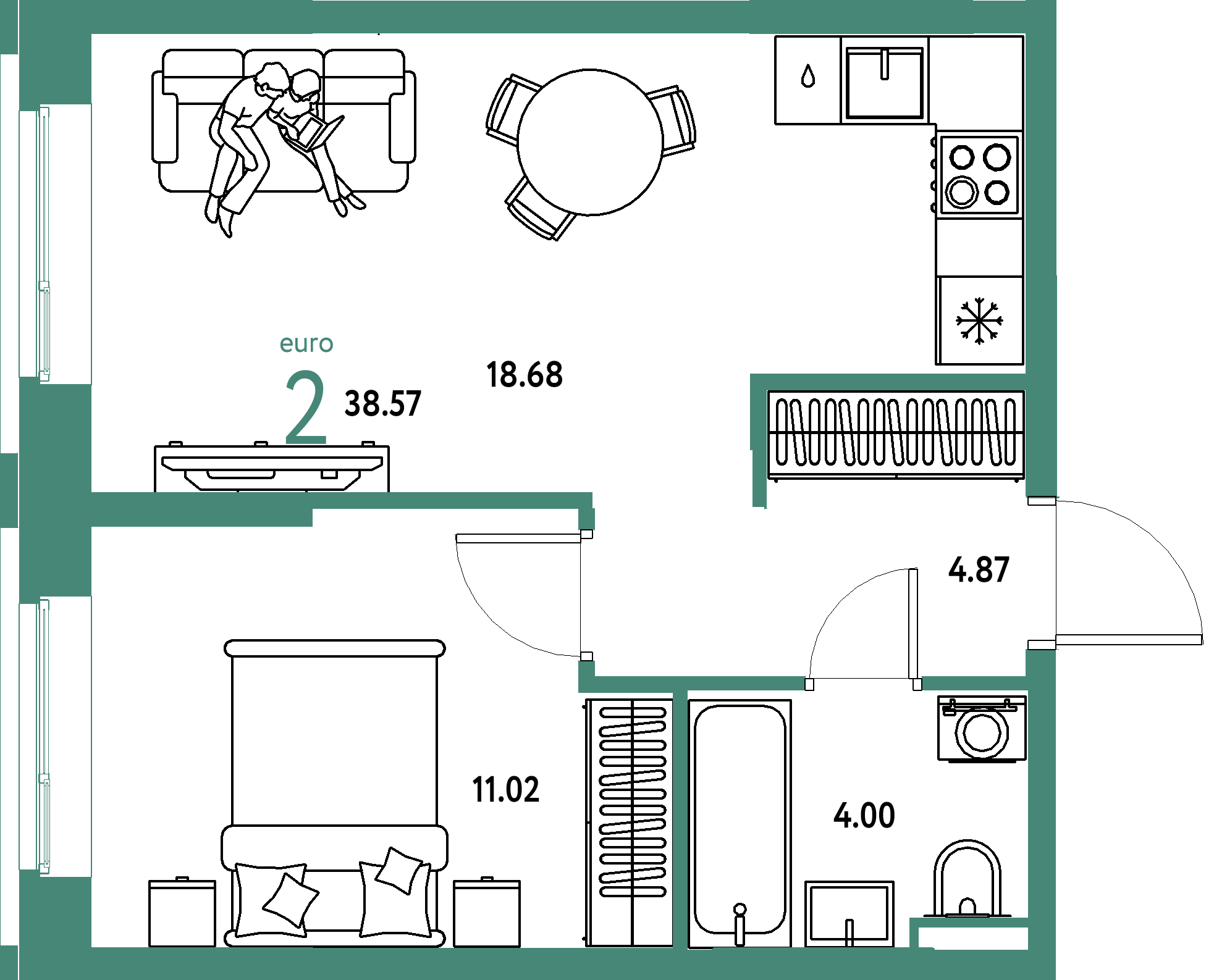 ЖК "Остров-сад"-2-комнатная 38.75 м²