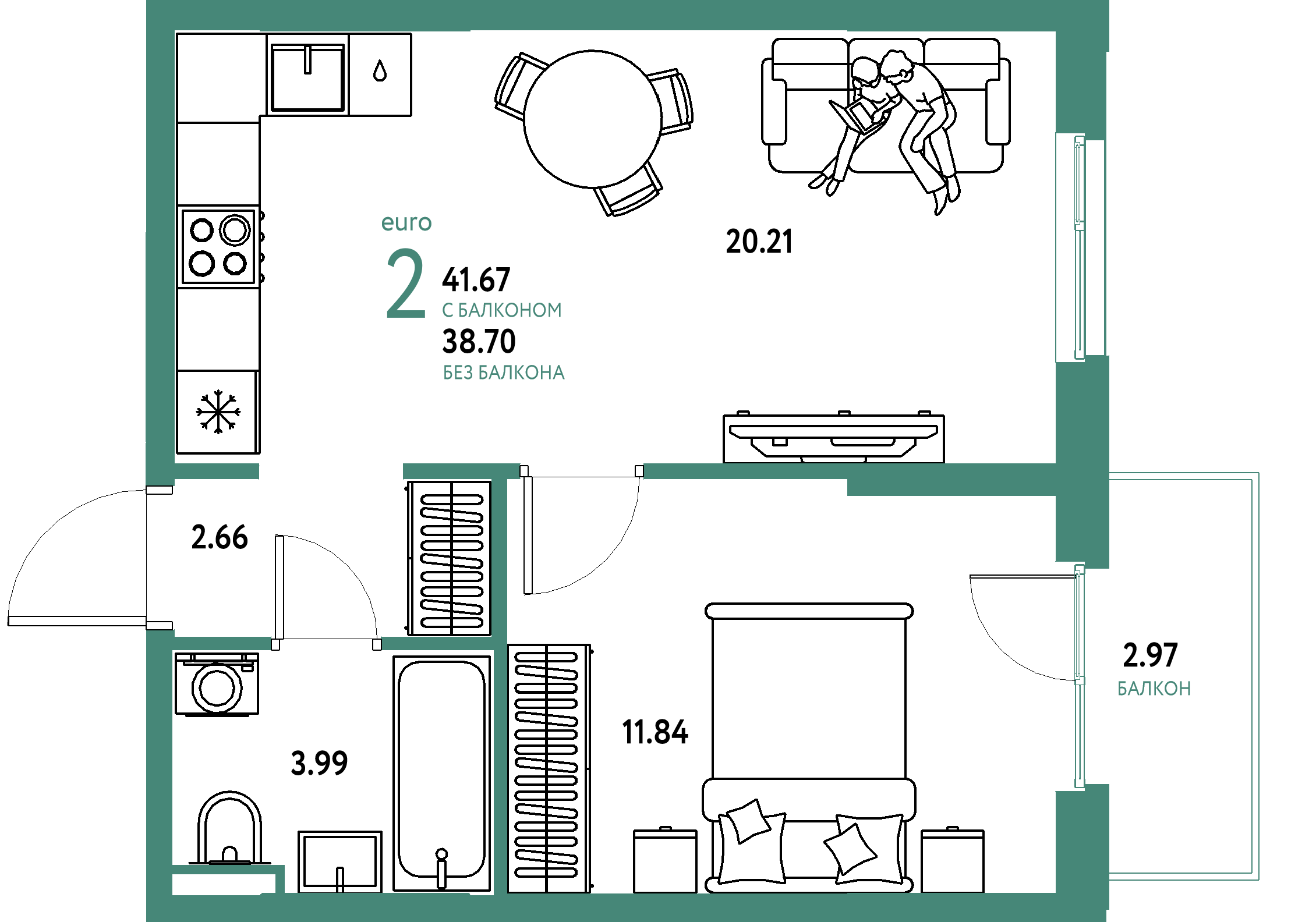 ЖК "Остров-сад"-2-комнатная 41.85 м²