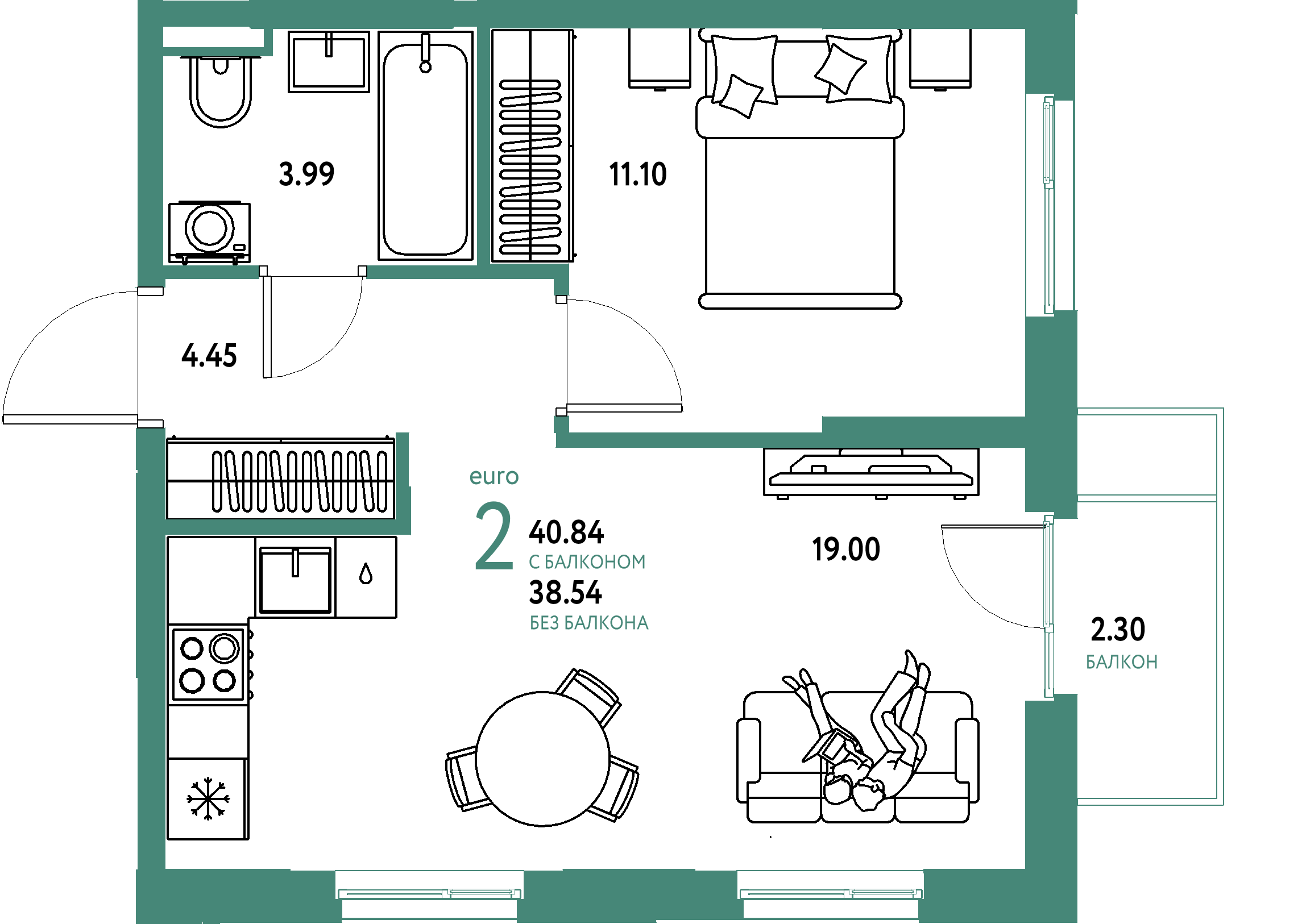 ЖК "Остров-сад"-2-комнатная 41.02 м²