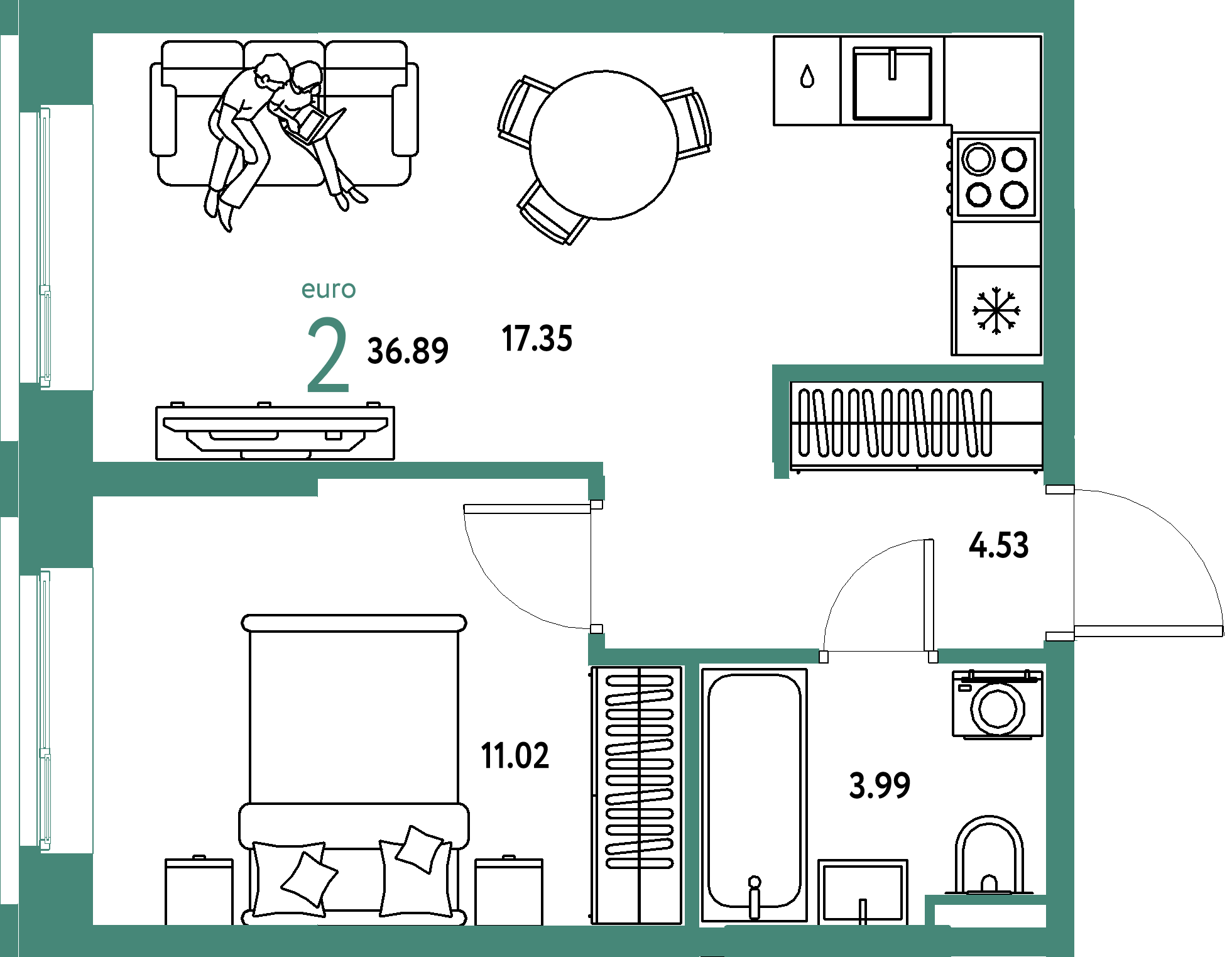 ЖК "Остров-сад"-2-комнатная 37.07 м²