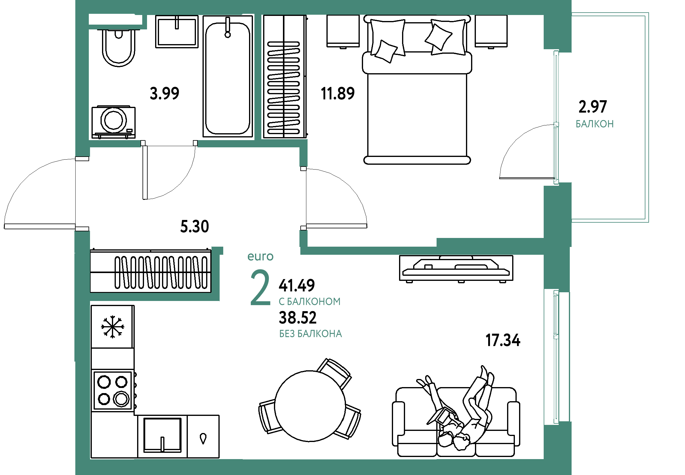 ЖК "Остров-сад"-2-комнатная 41.67 м²