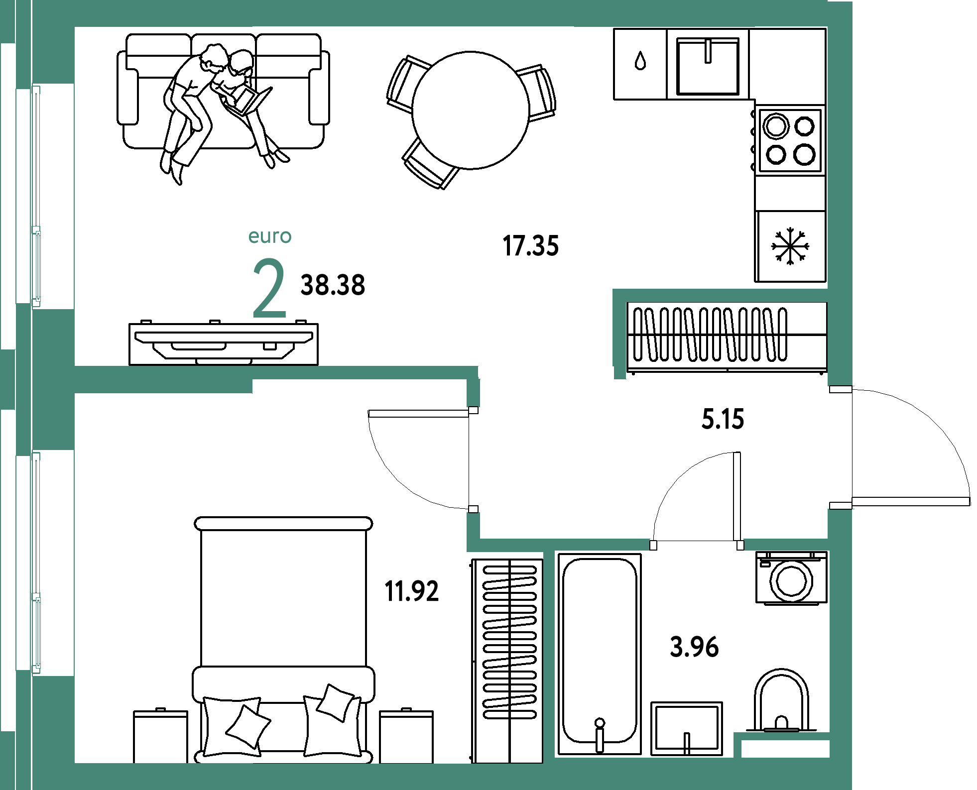ЖК "Остров-сад"-2-комнатная 38.71 м²