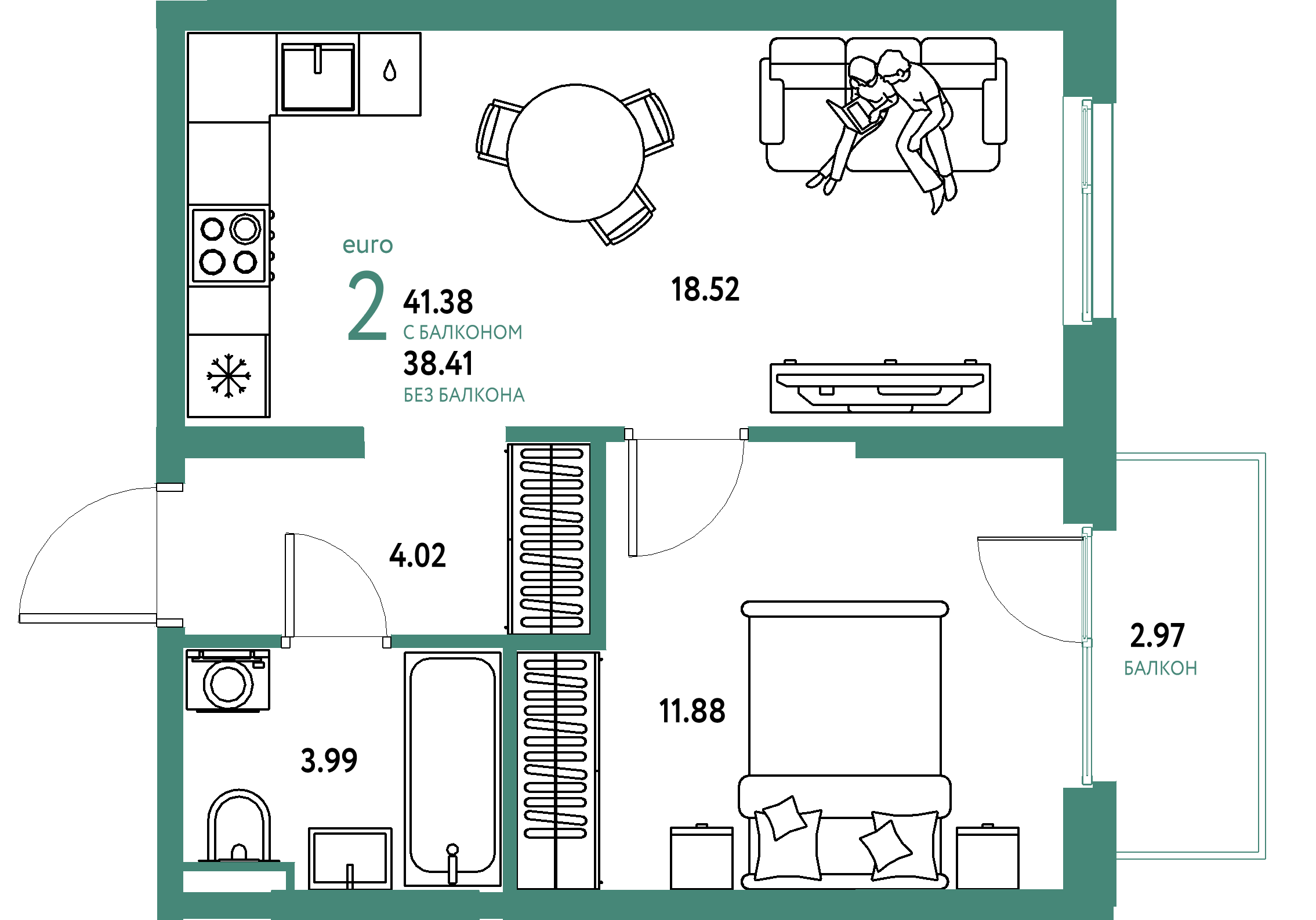 ЖК "Остров-сад"-2-комнатная 41.56 м²