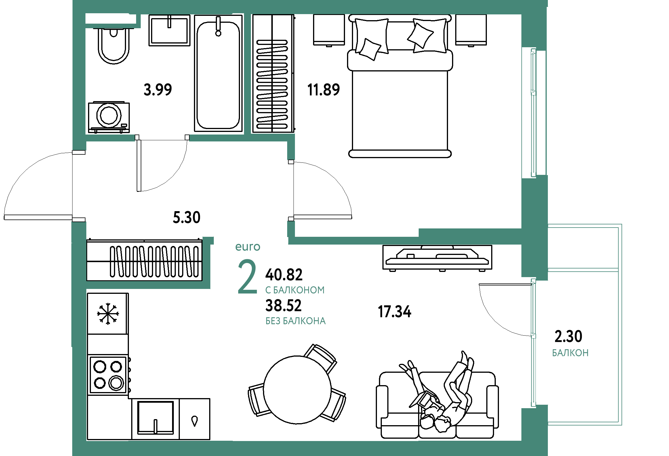 ЖК "Остров-сад"-2-комнатная 41 м²