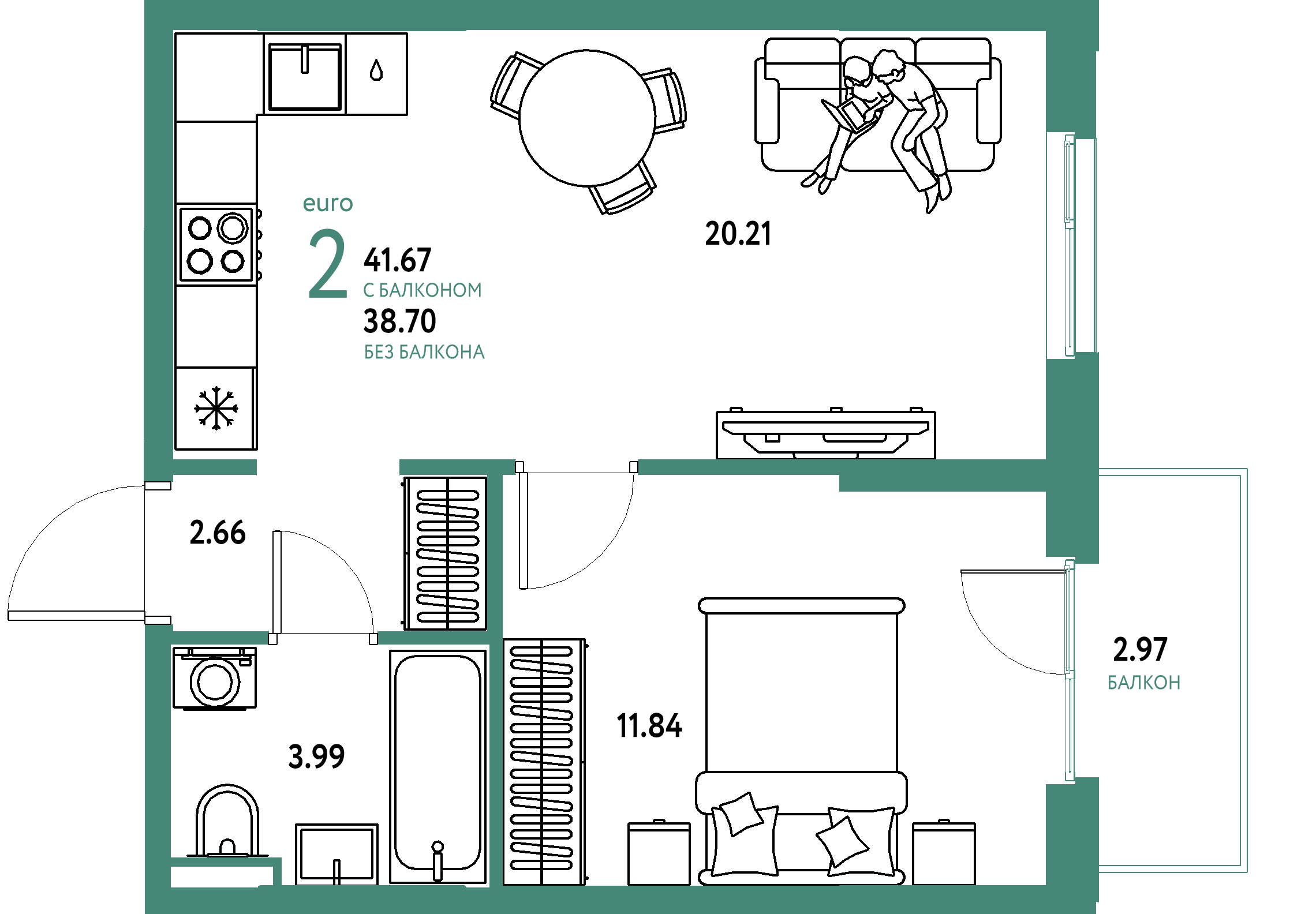 ЖК "Остров-сад"-2-комнатная 41.85 м²
