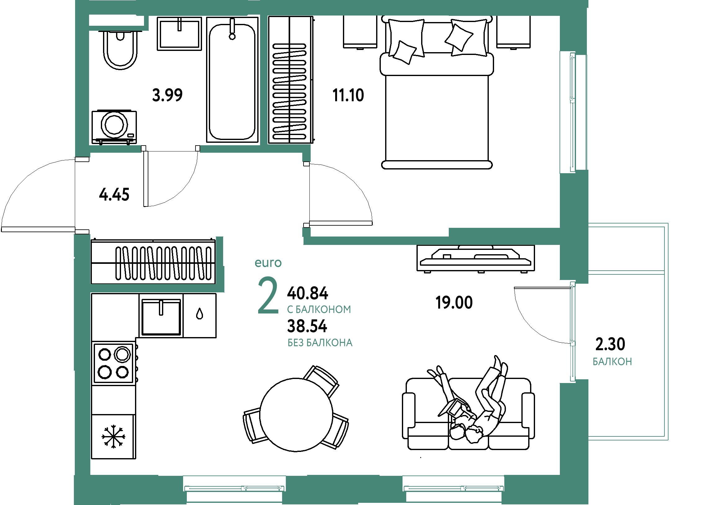 ЖК "Остров-сад"-2-комнатная 41.02 м²