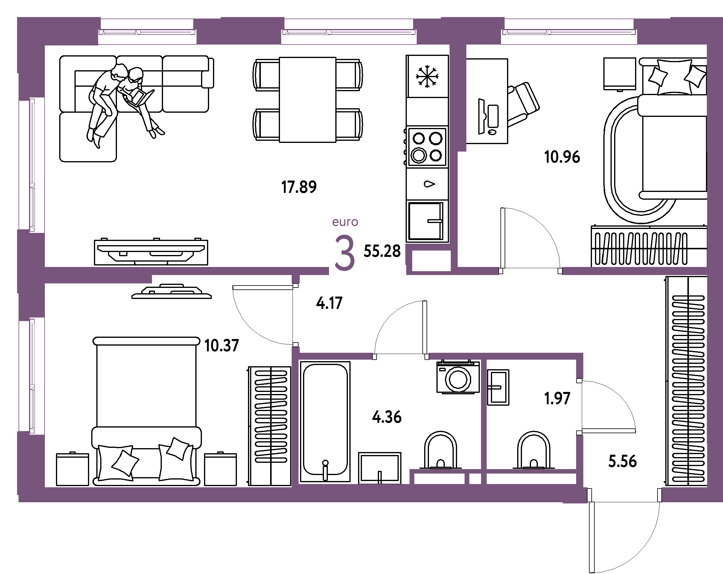 ЖК "Остров-сад"-3-комнатная 56 м²