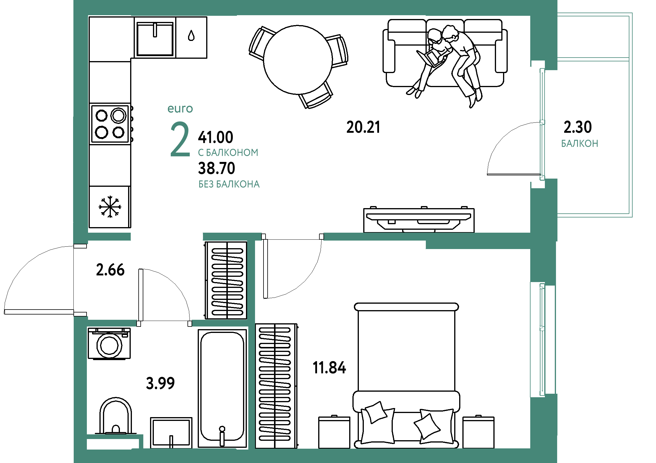 ЖК "Остров-сад"-2-комнатная 41.18 м²