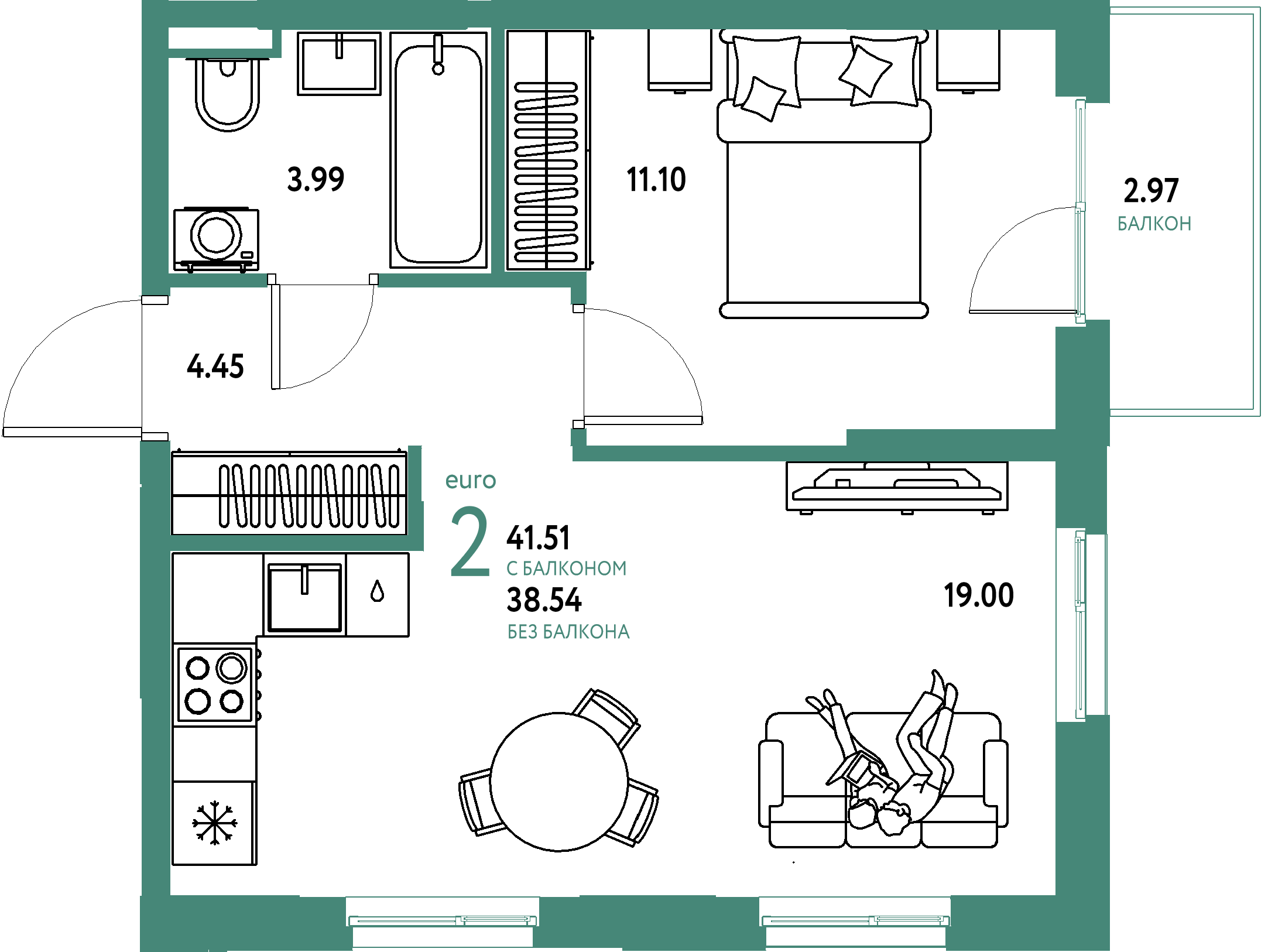 ЖК "Остров-сад"-2-комнатная 41.69 м²