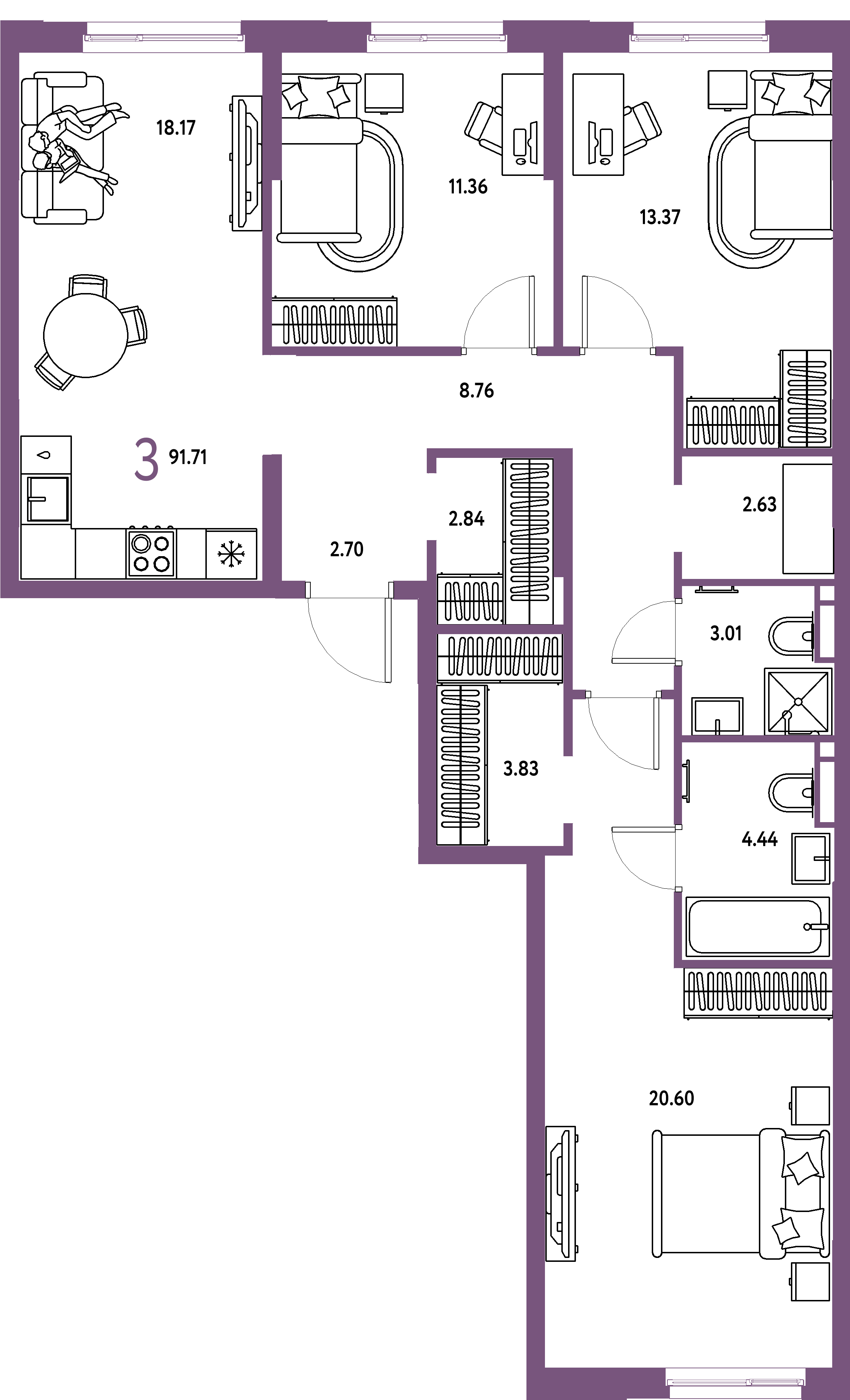ЖК "Остров-сад"-3-комнатная 92.16 м²