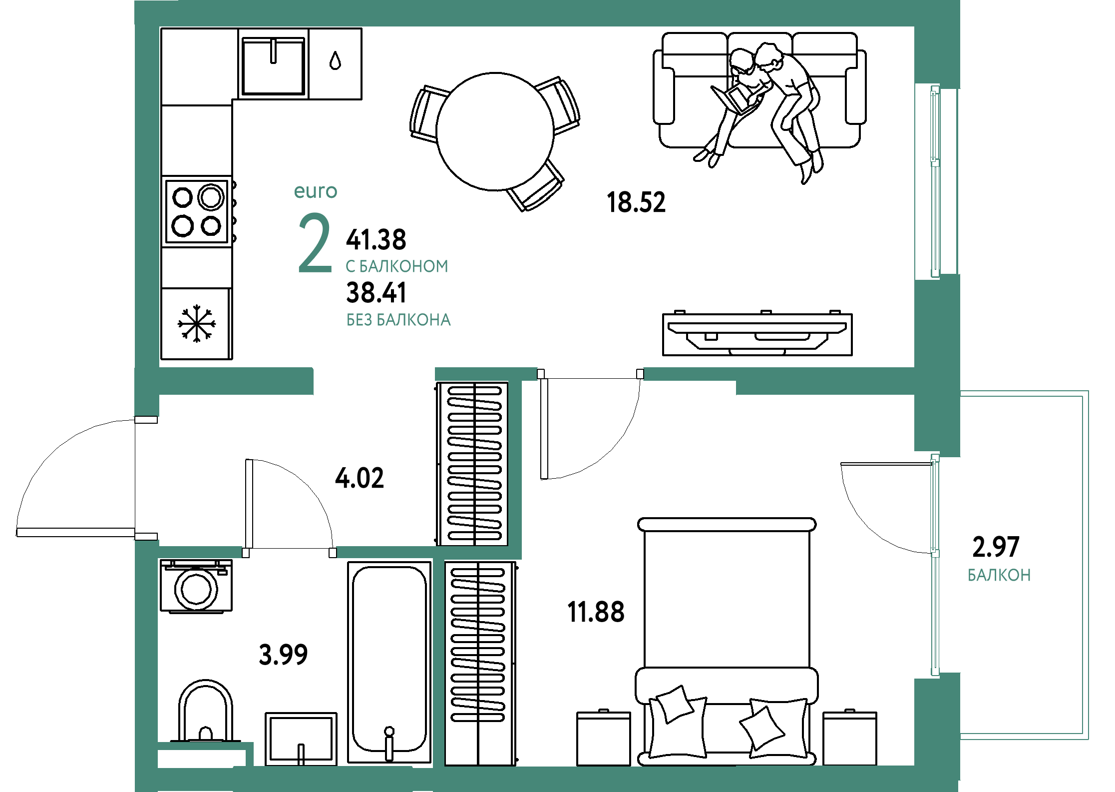 ЖК "Остров-сад"-2-комнатная 41.56 м²
