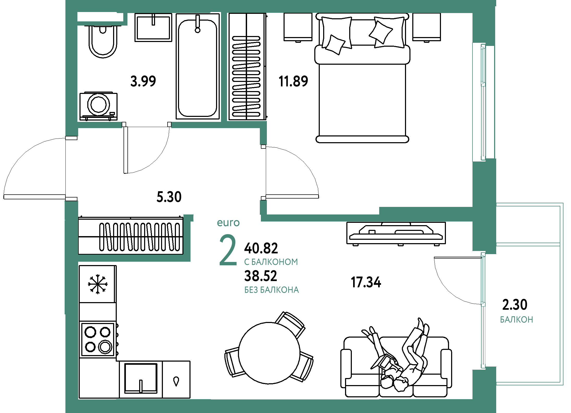 ЖК "Остров-сад"-2-комнатная 41 м²