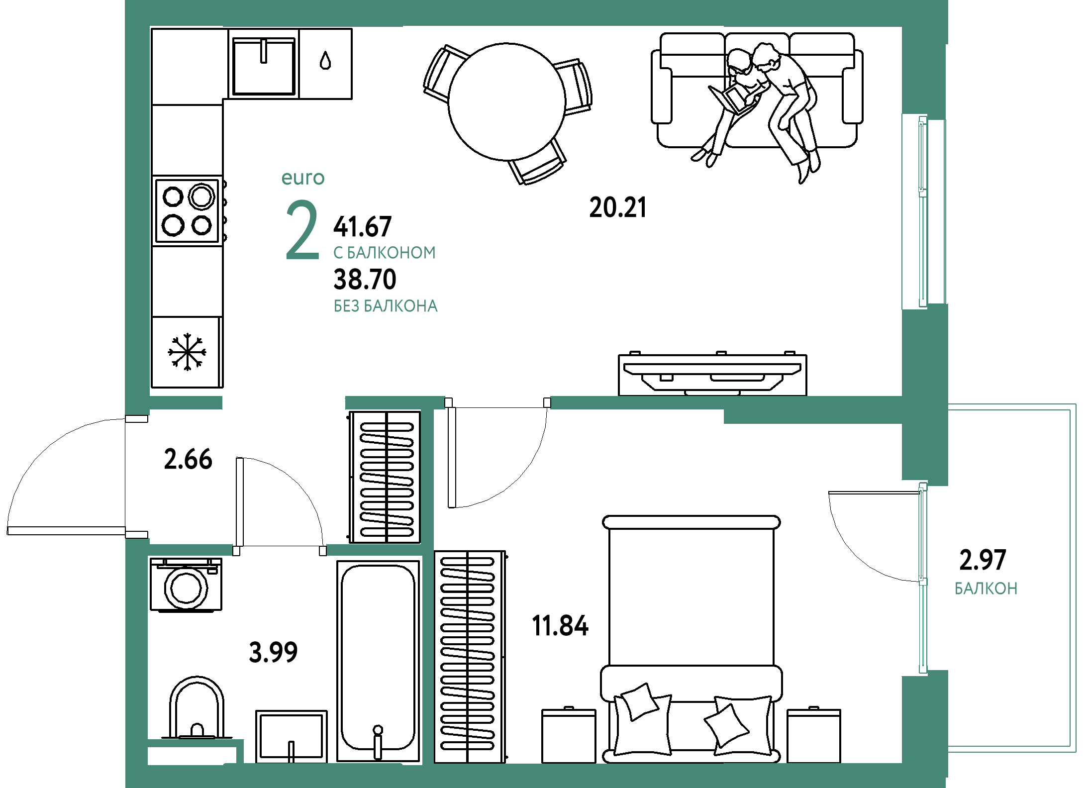 ЖК "Остров-сад"-2-комнатная 41.85 м²