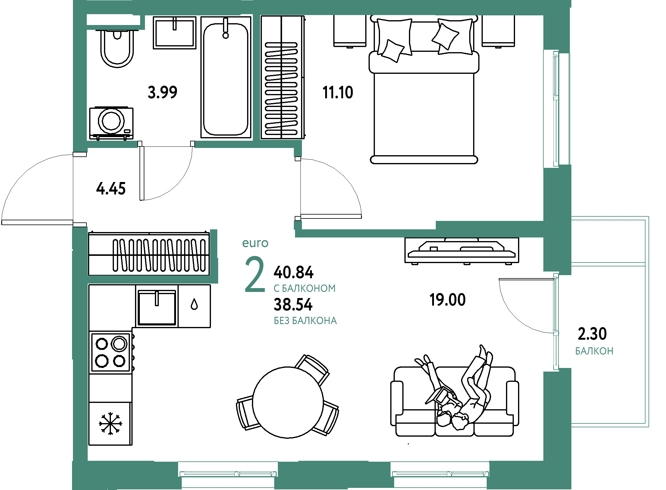 ЖК "Остров-сад"-2-комнатная 41.02 м²