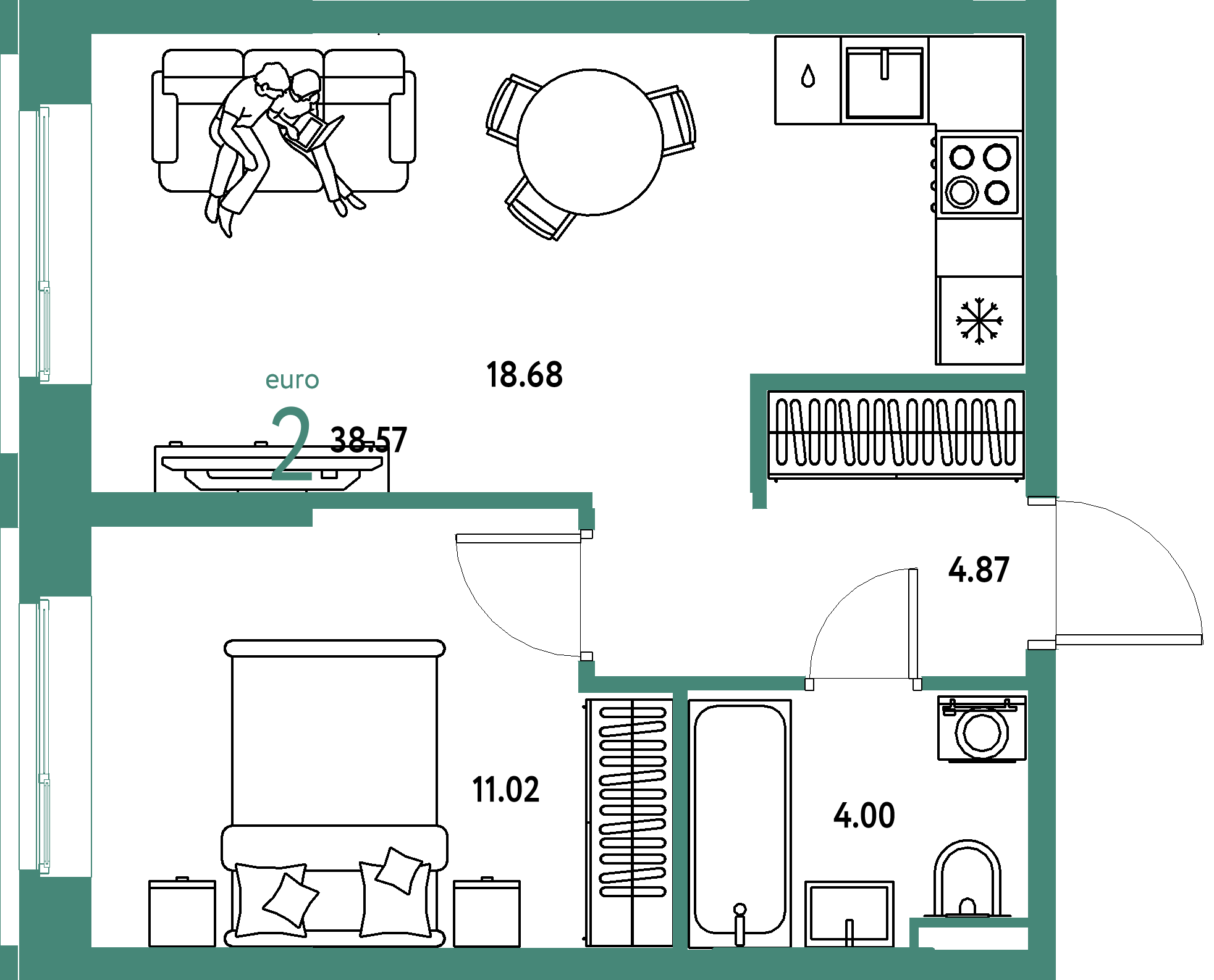 ЖК "Остров-сад"-2-комнатная 38.75 м²