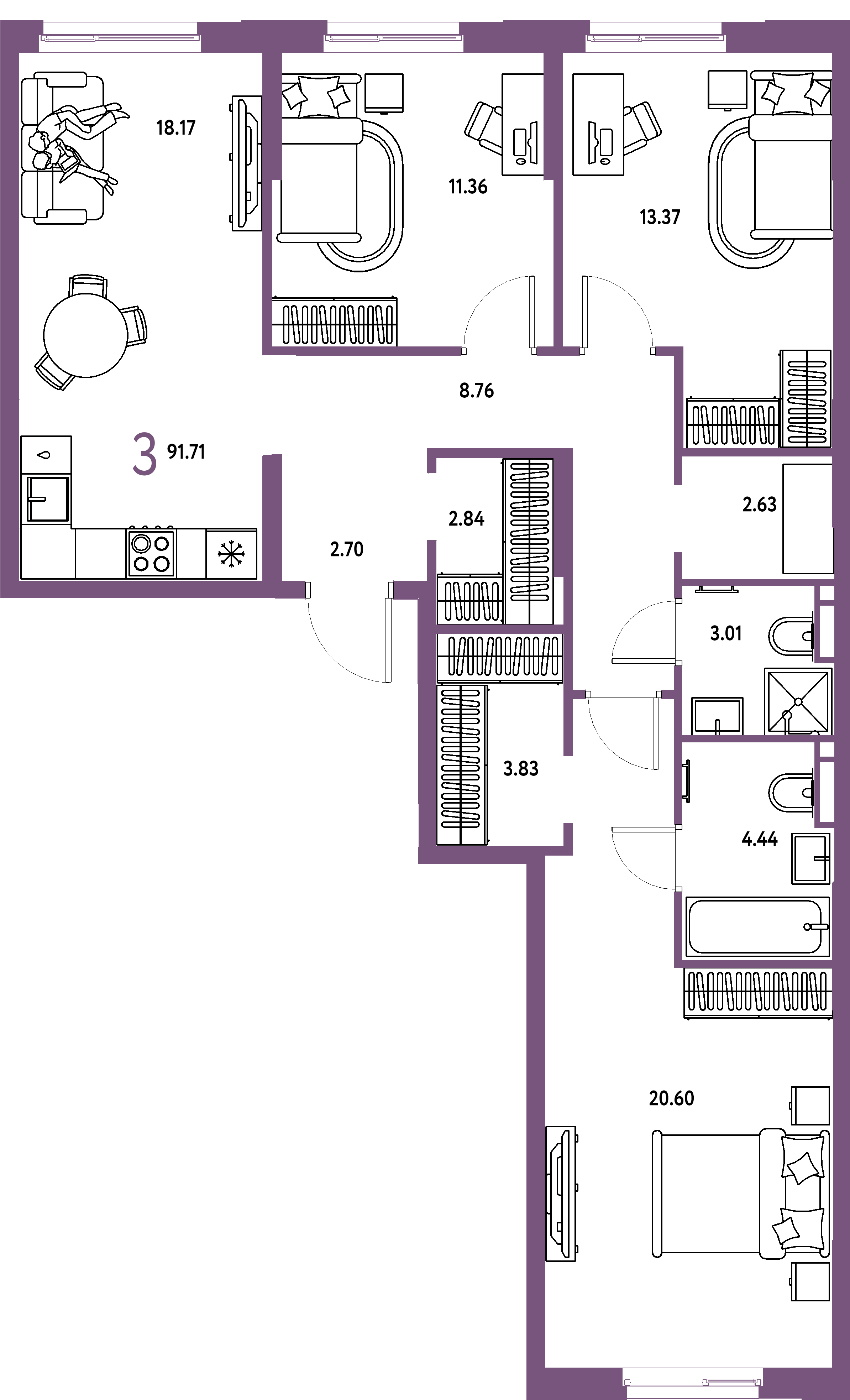 ЖК "Остров-сад"-3-комнатная 92.16 м²