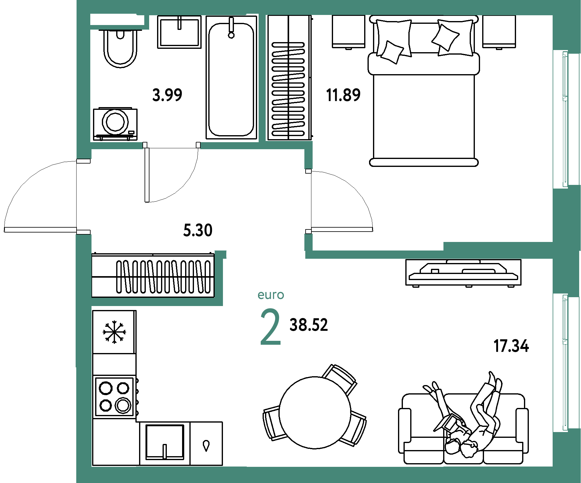 ЖК "Остров-сад"-2-комнатная 38.7 м²