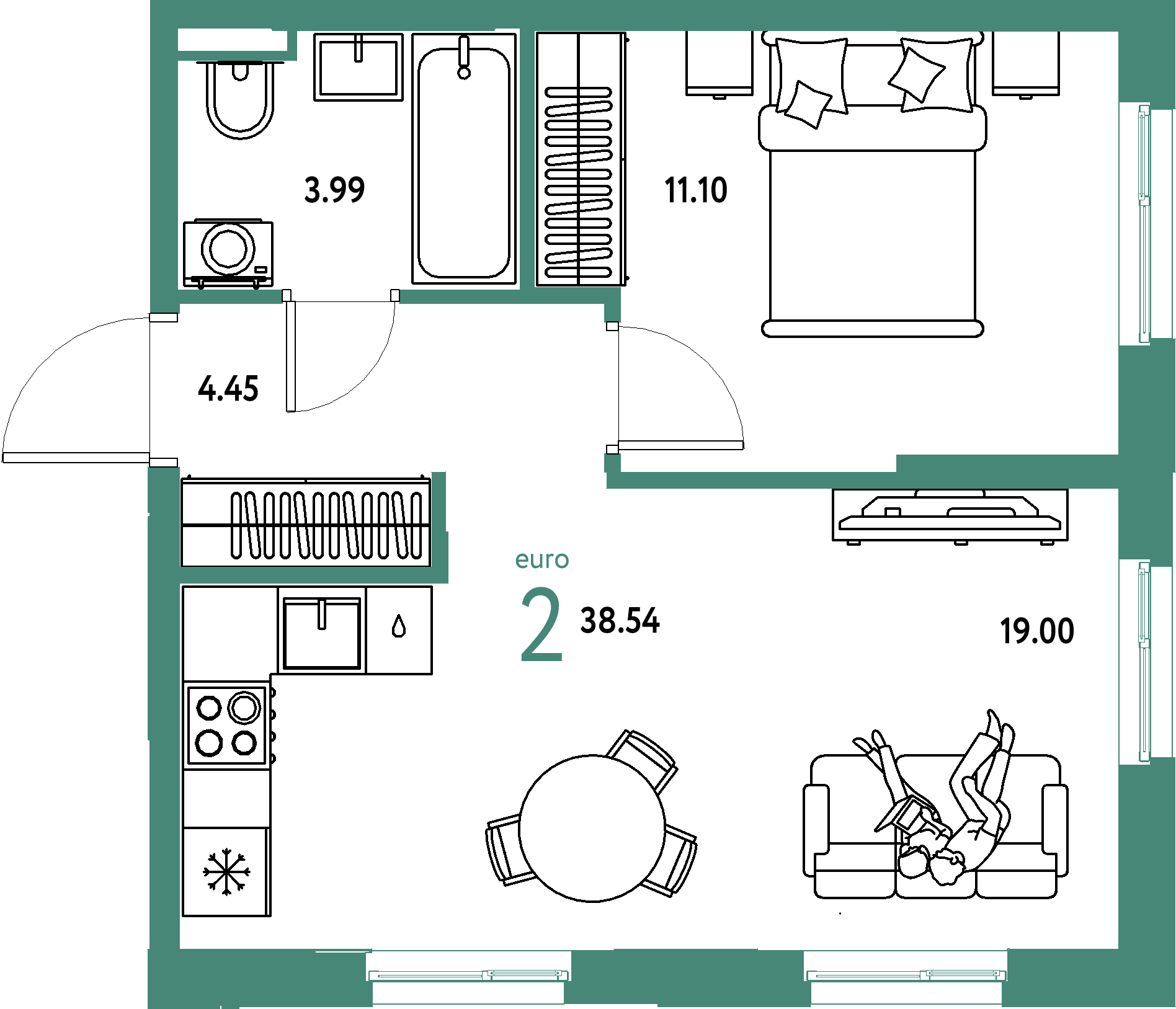 ЖК "Остров-сад"-2-комнатная 38.72 м²