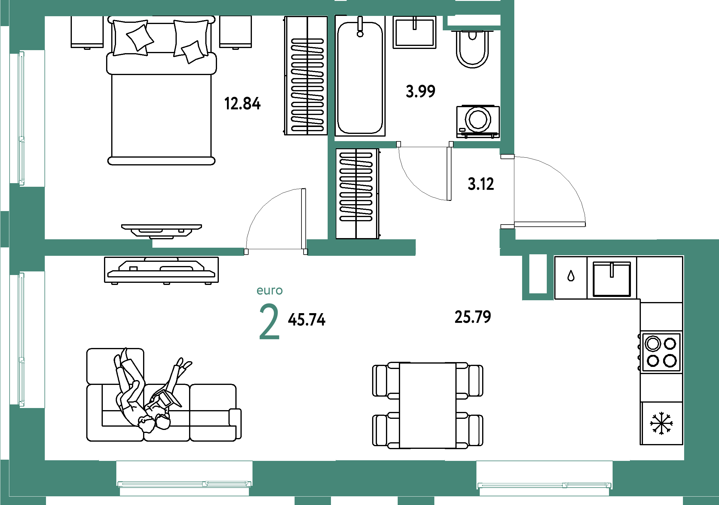 ЖК "Остров-сад"-2-комнатная 45.92 м²