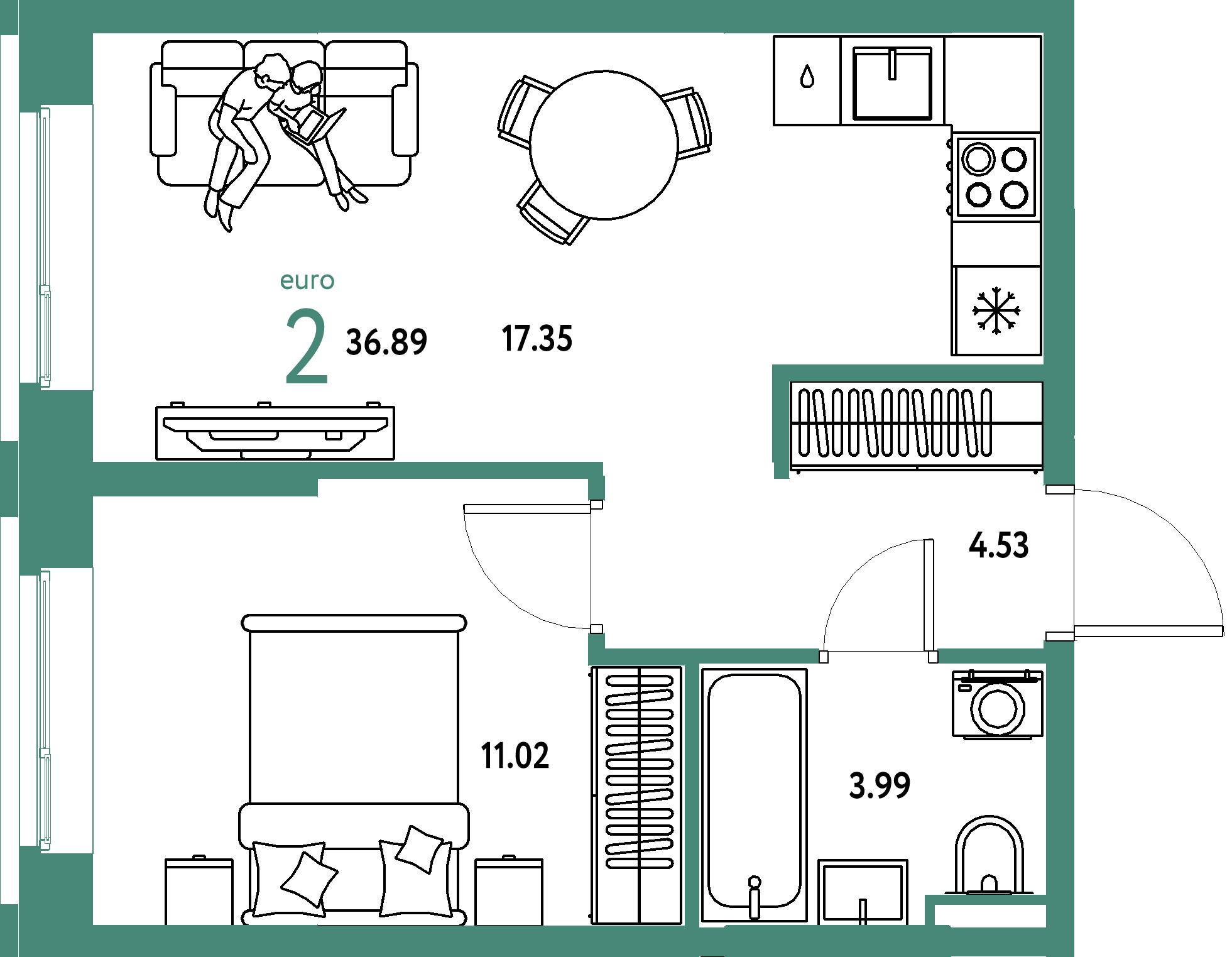 ЖК "Остров-сад"-2-комнатная 37.07 м²