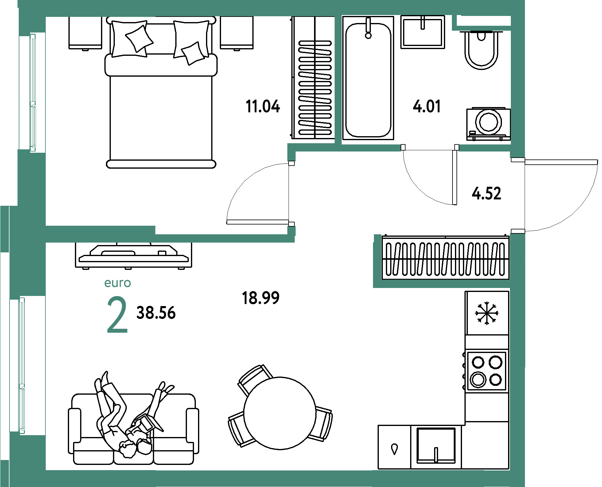 ЖК "Остров-сад"-2-комнатная 38.74 м²