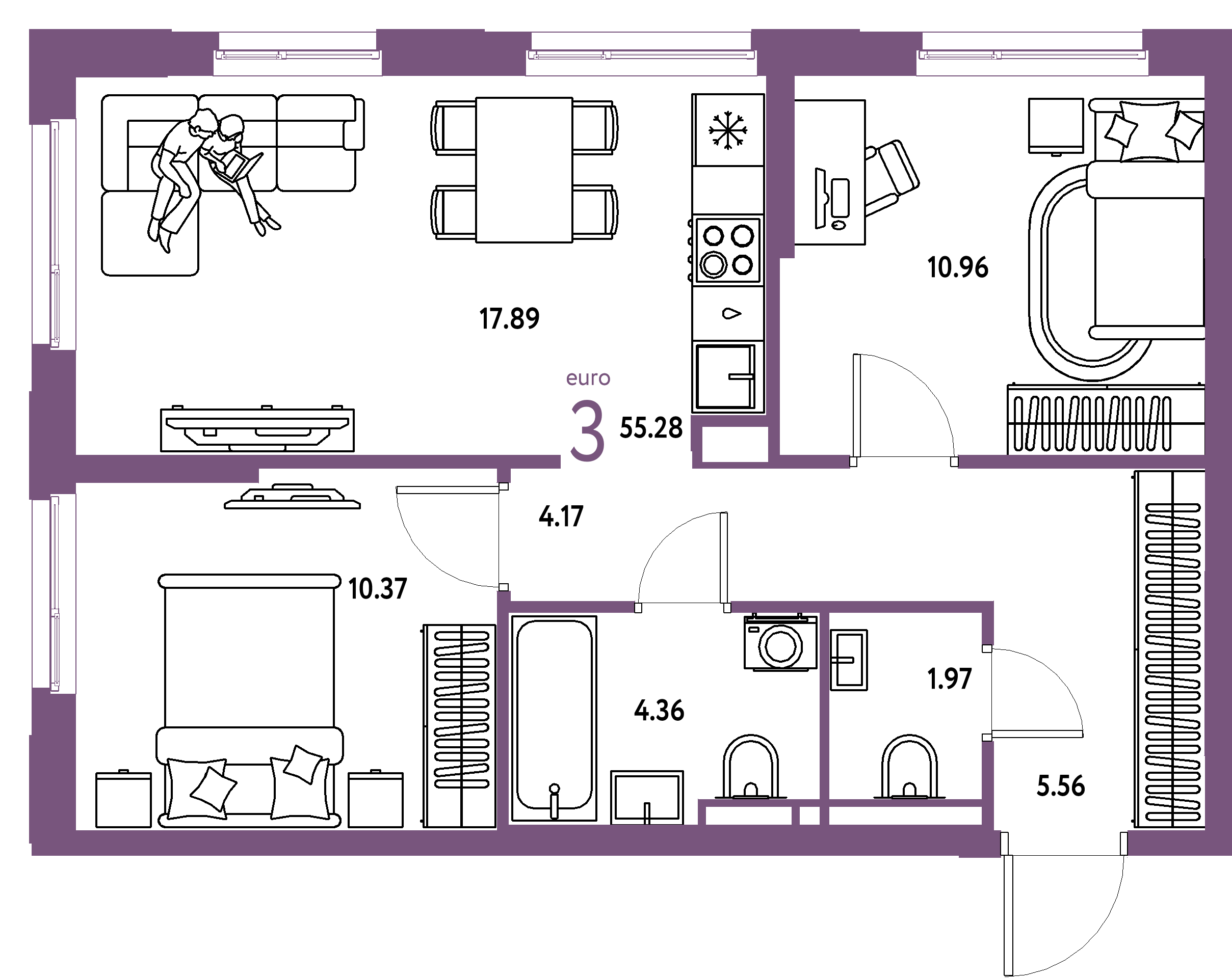 ЖК "Остров-сад"-3-комнатная 56 м²