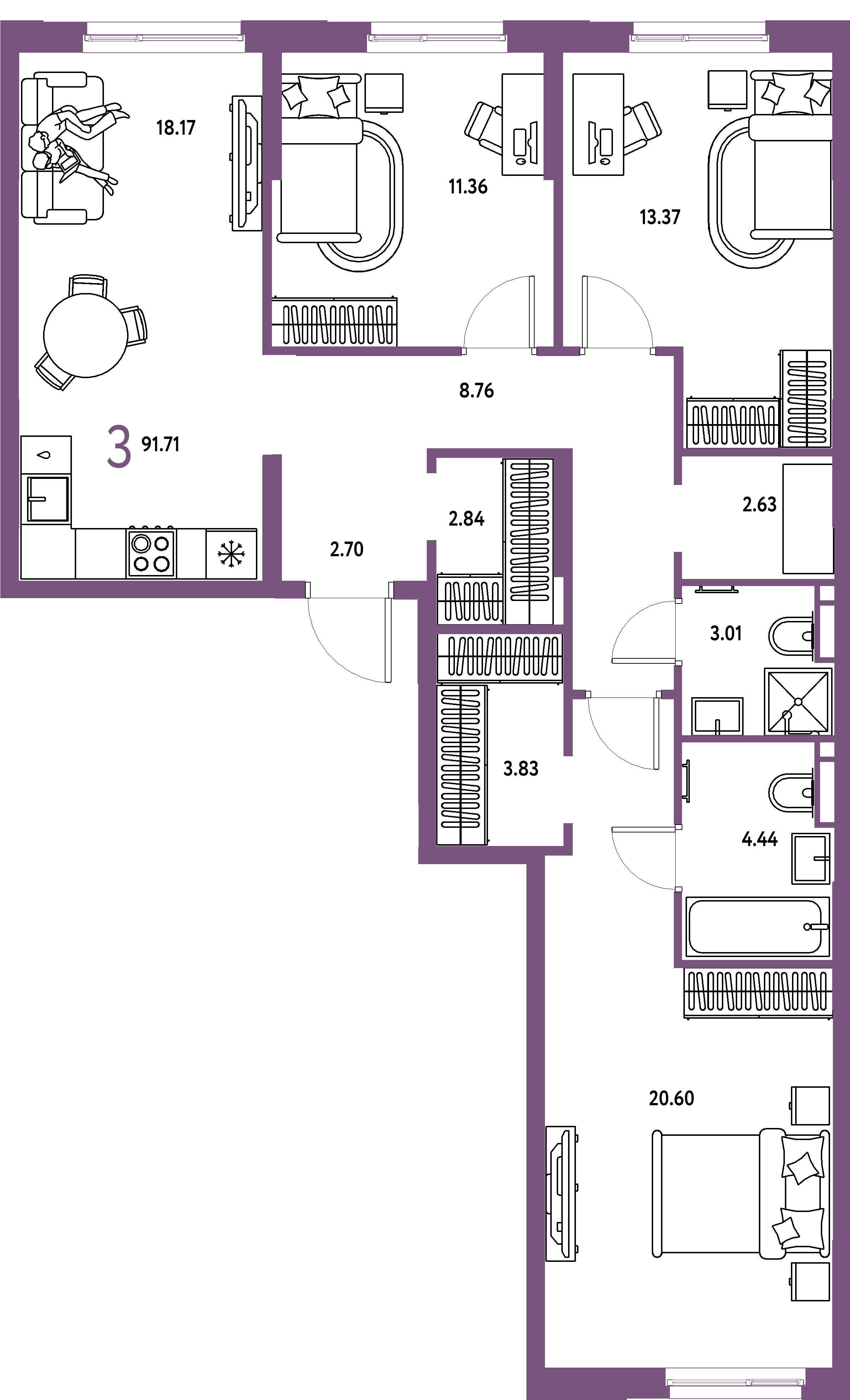 ЖК "Остров-сад"-3-комнатная 92.16 м²
