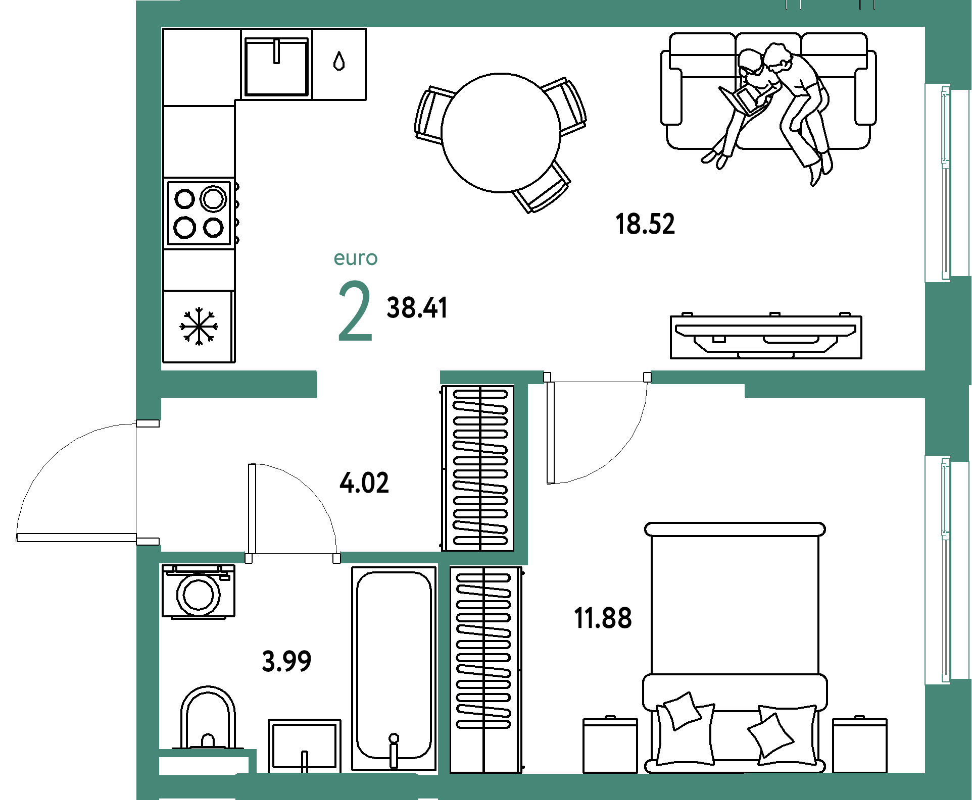 ЖК "Остров-сад"-2-комнатная 38.59 м²