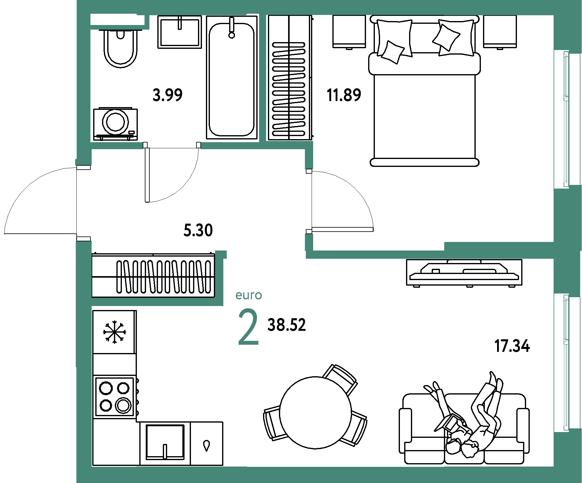 ЖК "Остров-сад"-2-комнатная 38.7 м²