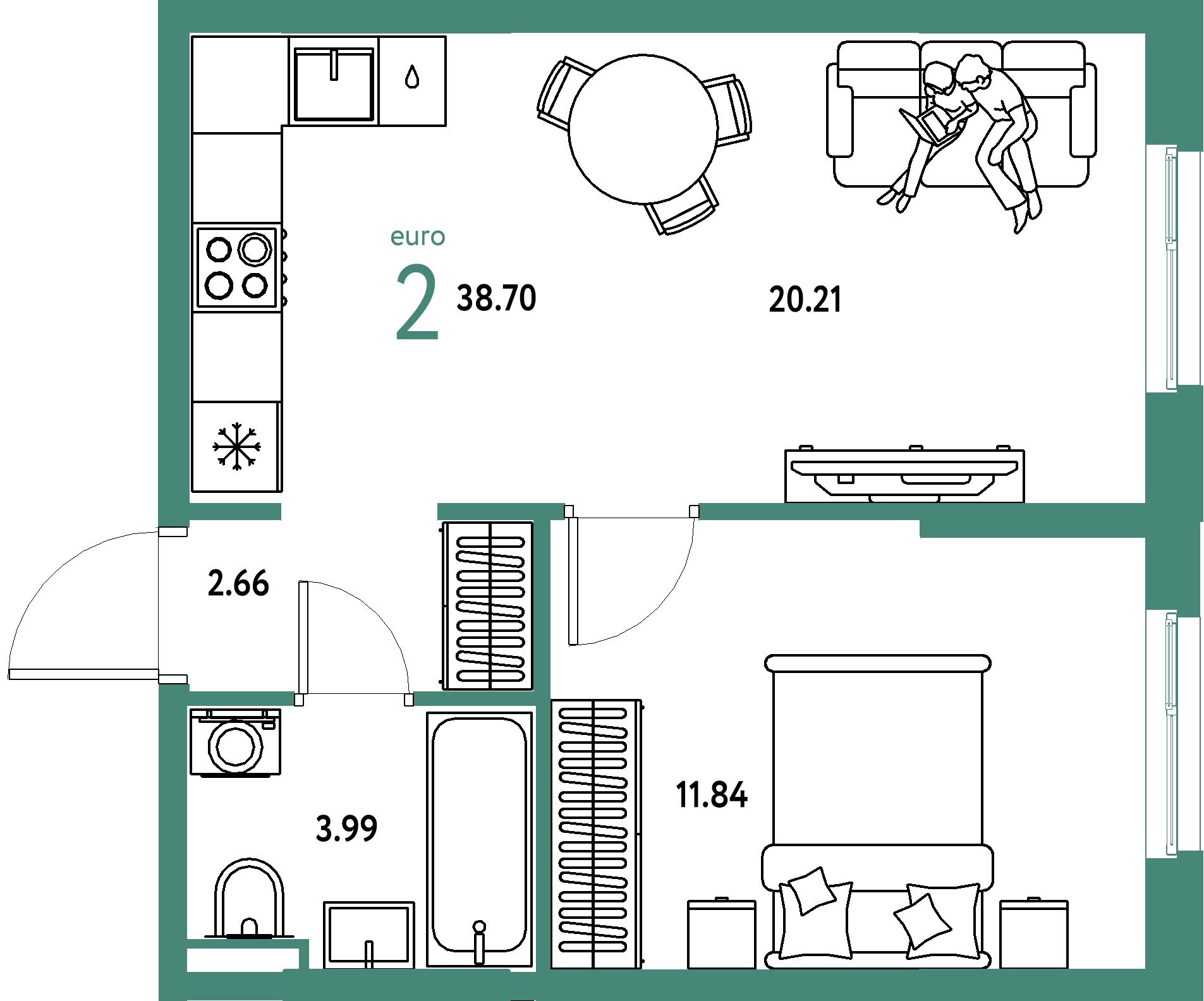 ЖК "Остров-сад"-2-комнатная 38.88 м²