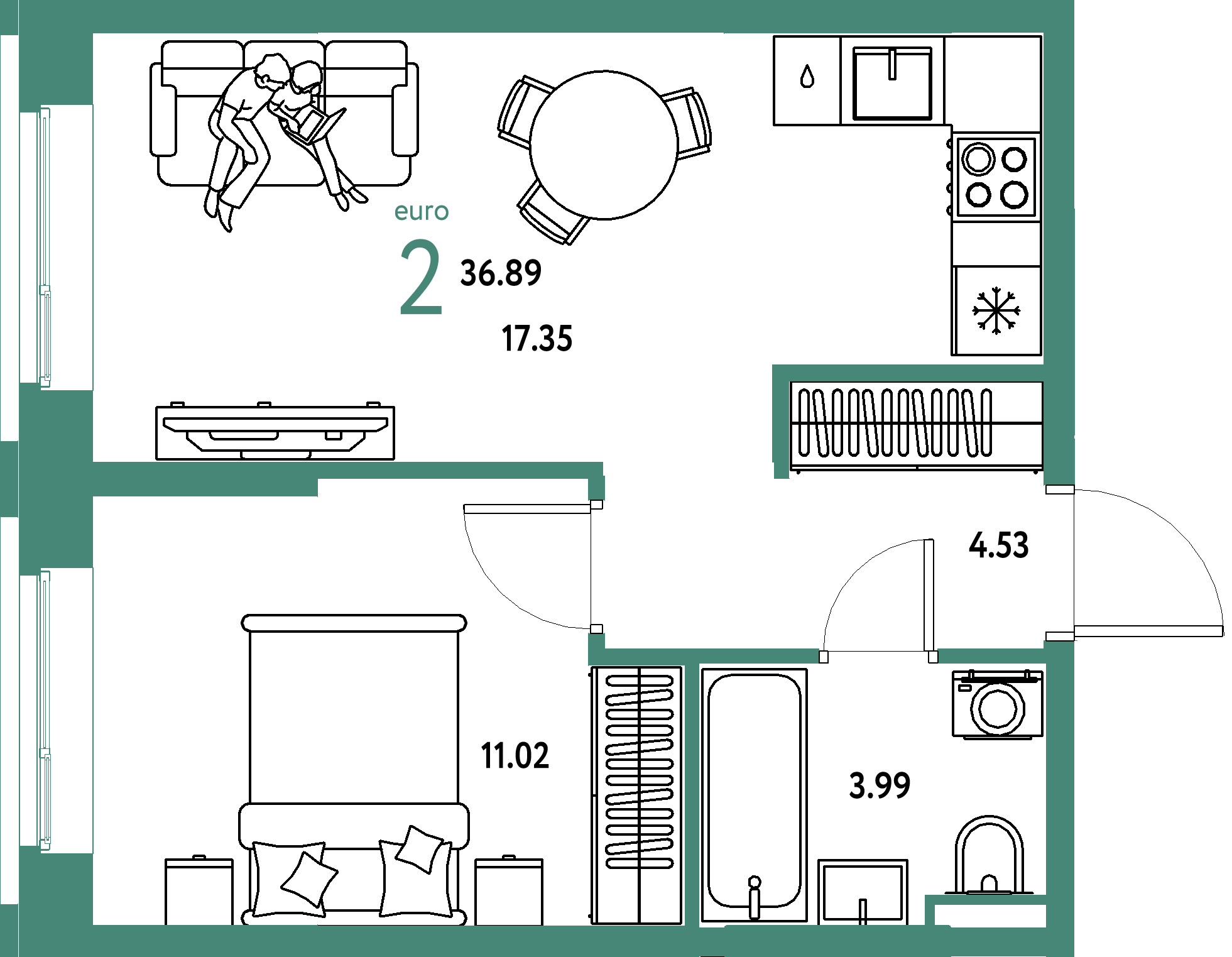 ЖК "Остров-сад"-2-комнатная 37.07 м²