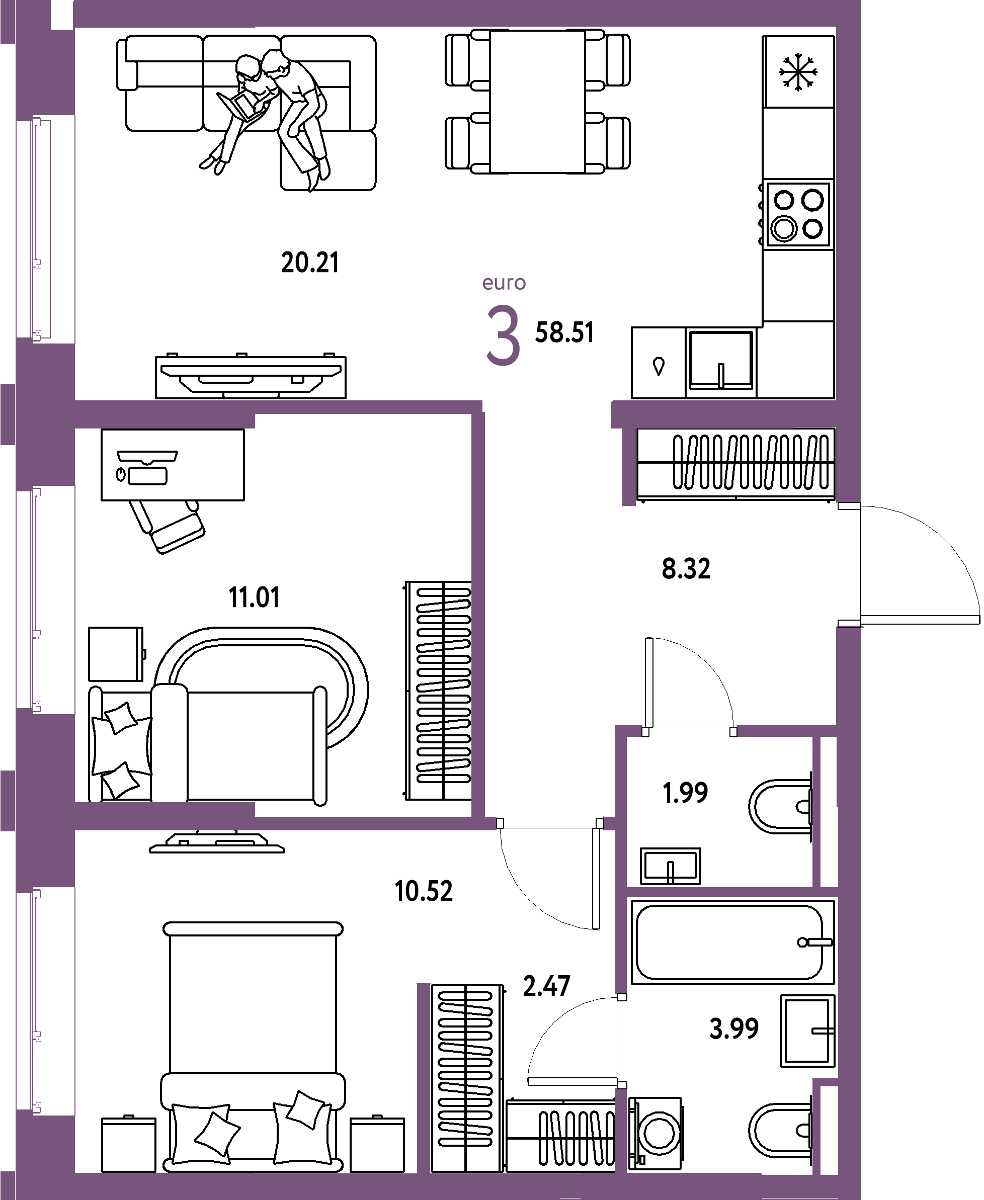 ЖК "Остров-сад"-3-комнатная 58.96 м²