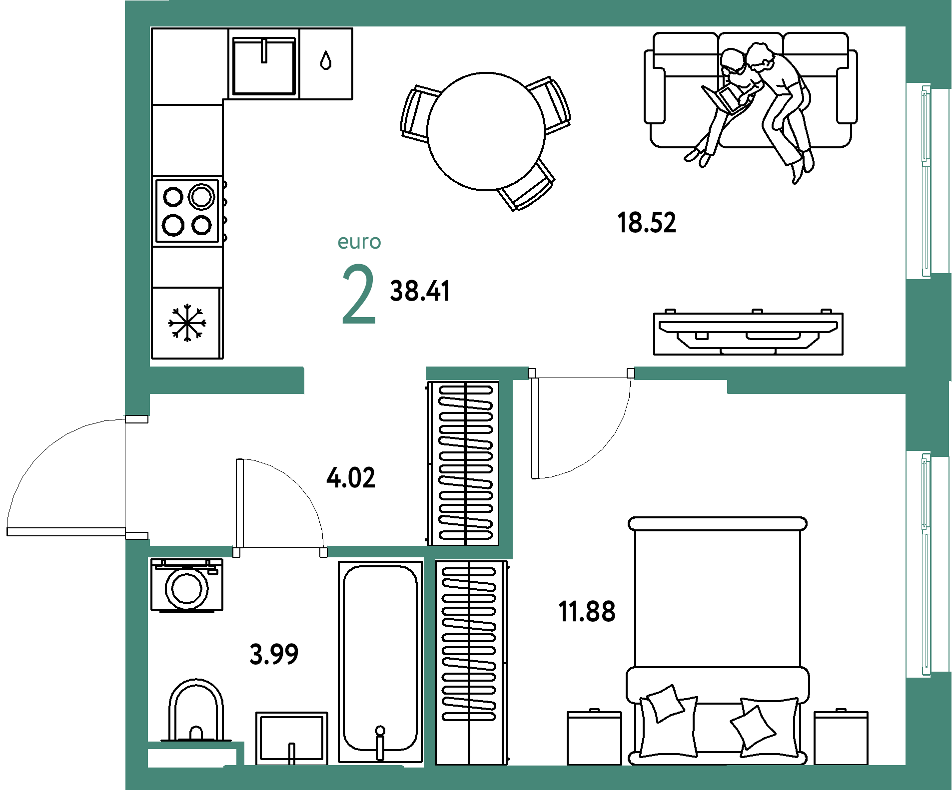 ЖК "Остров-сад"-2-комнатная 38.59 м²