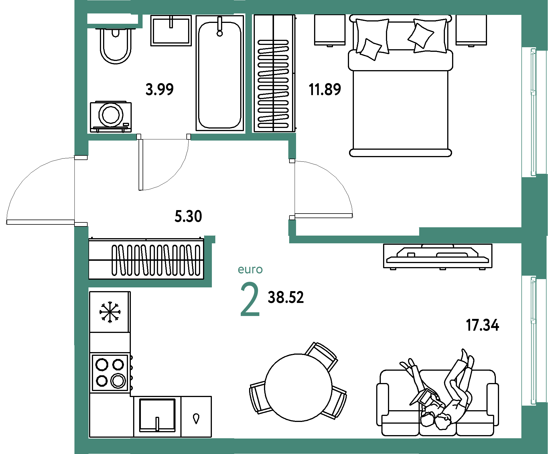 ЖК "Остров-сад"-2-комнатная 38.7 м²