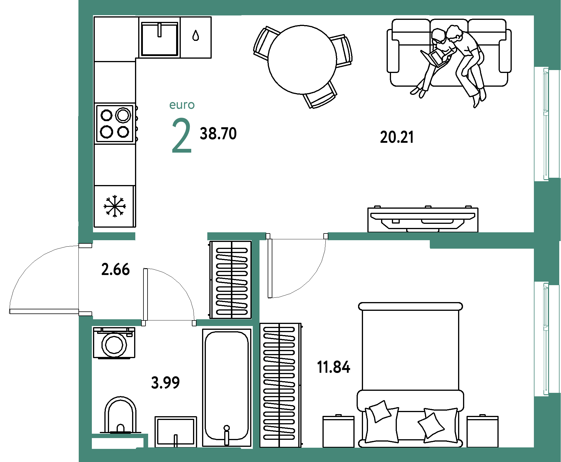 ЖК "Остров-сад"-2-комнатная 38.88 м²
