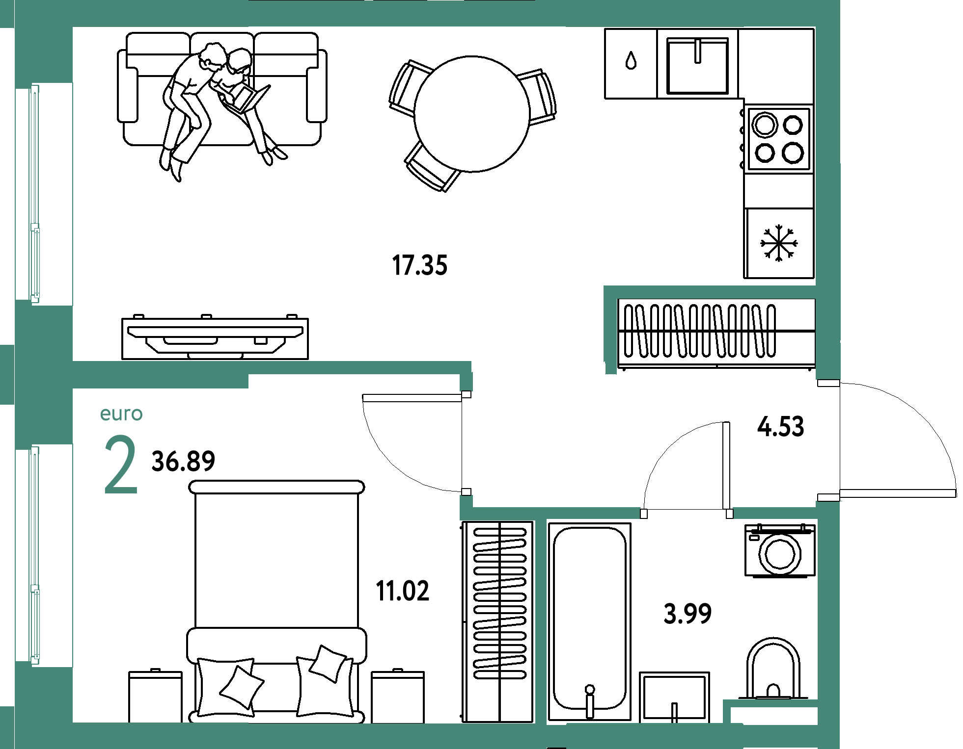 ЖК "Остров-сад"-2-комнатная 37.07 м²