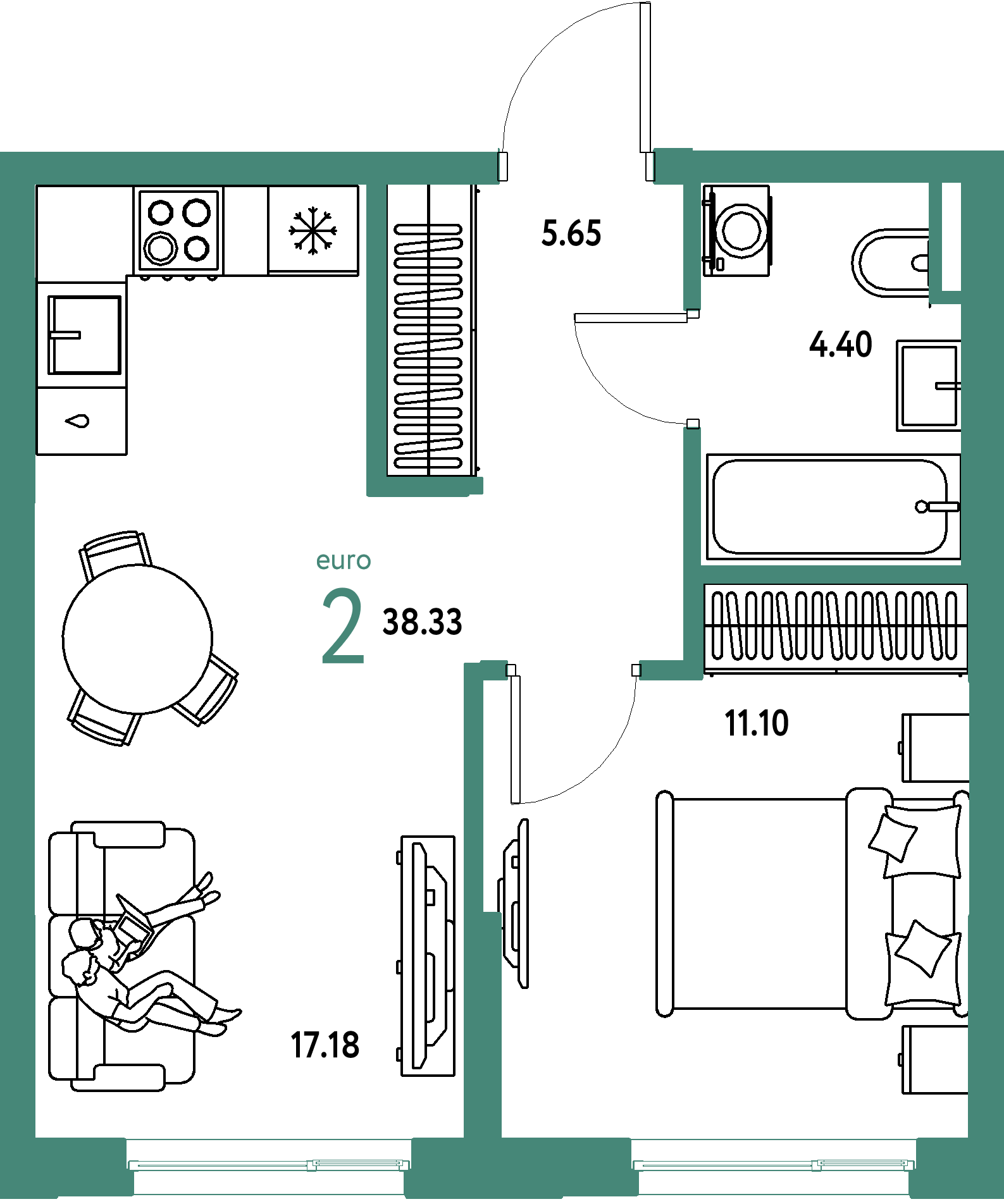 ЖК "Остров-сад"-2-комнатная 38.68 м²