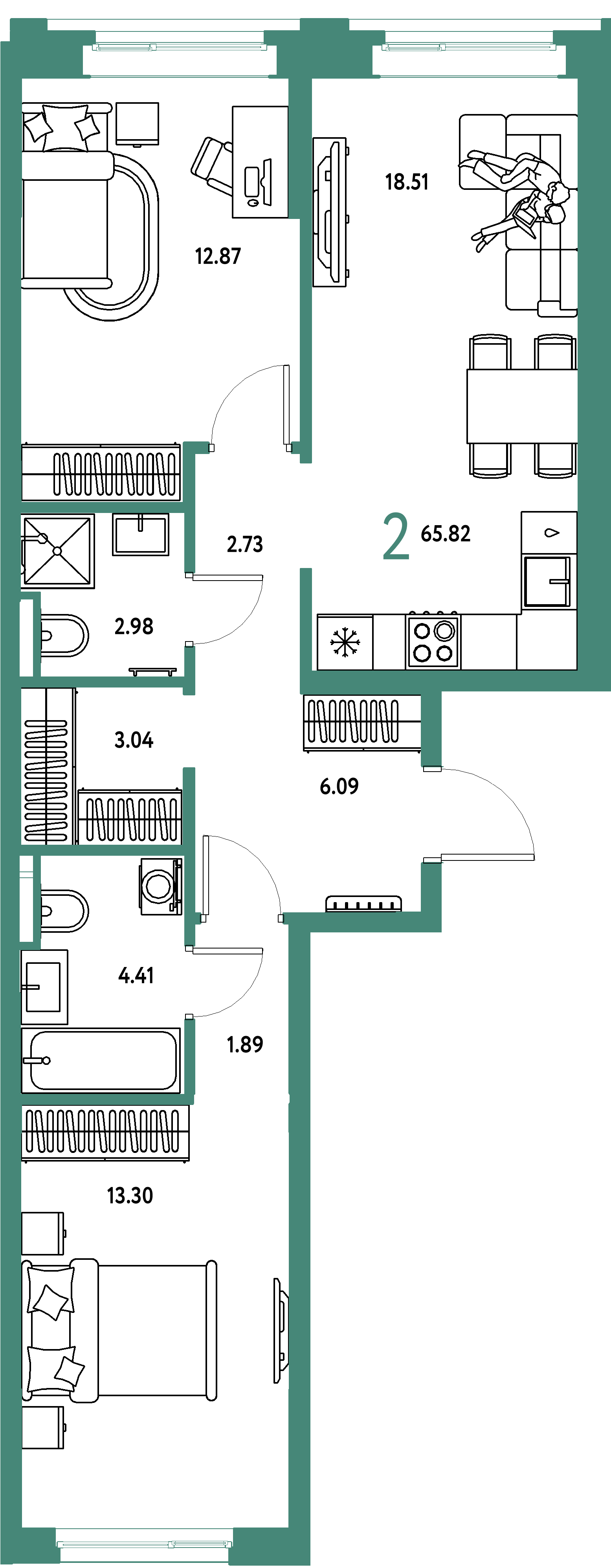ЖК "Остров-сад"-2-комнатная 66.26 м²