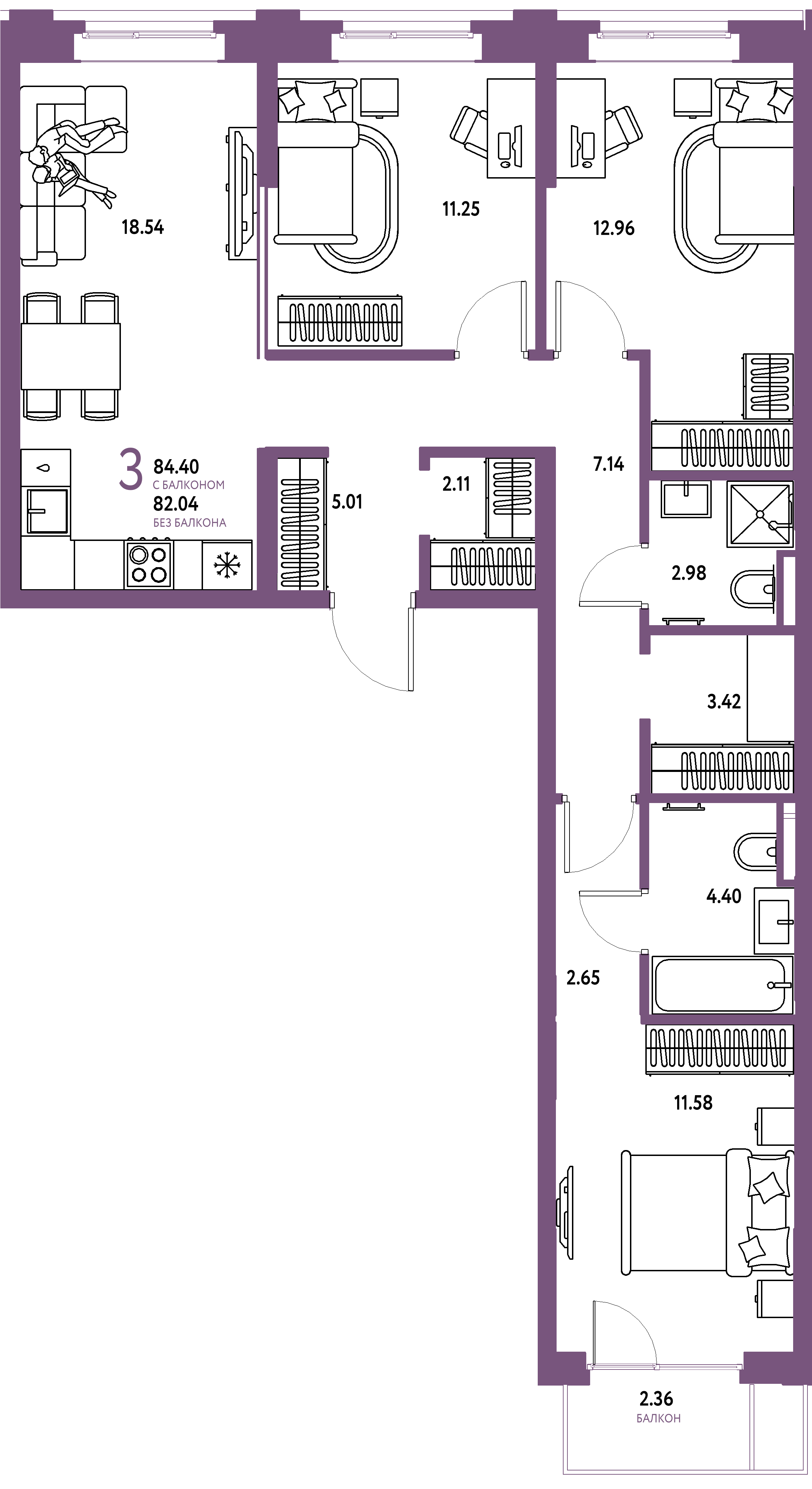 ЖК "Остров-сад"-3-комнатная 84.84 м²