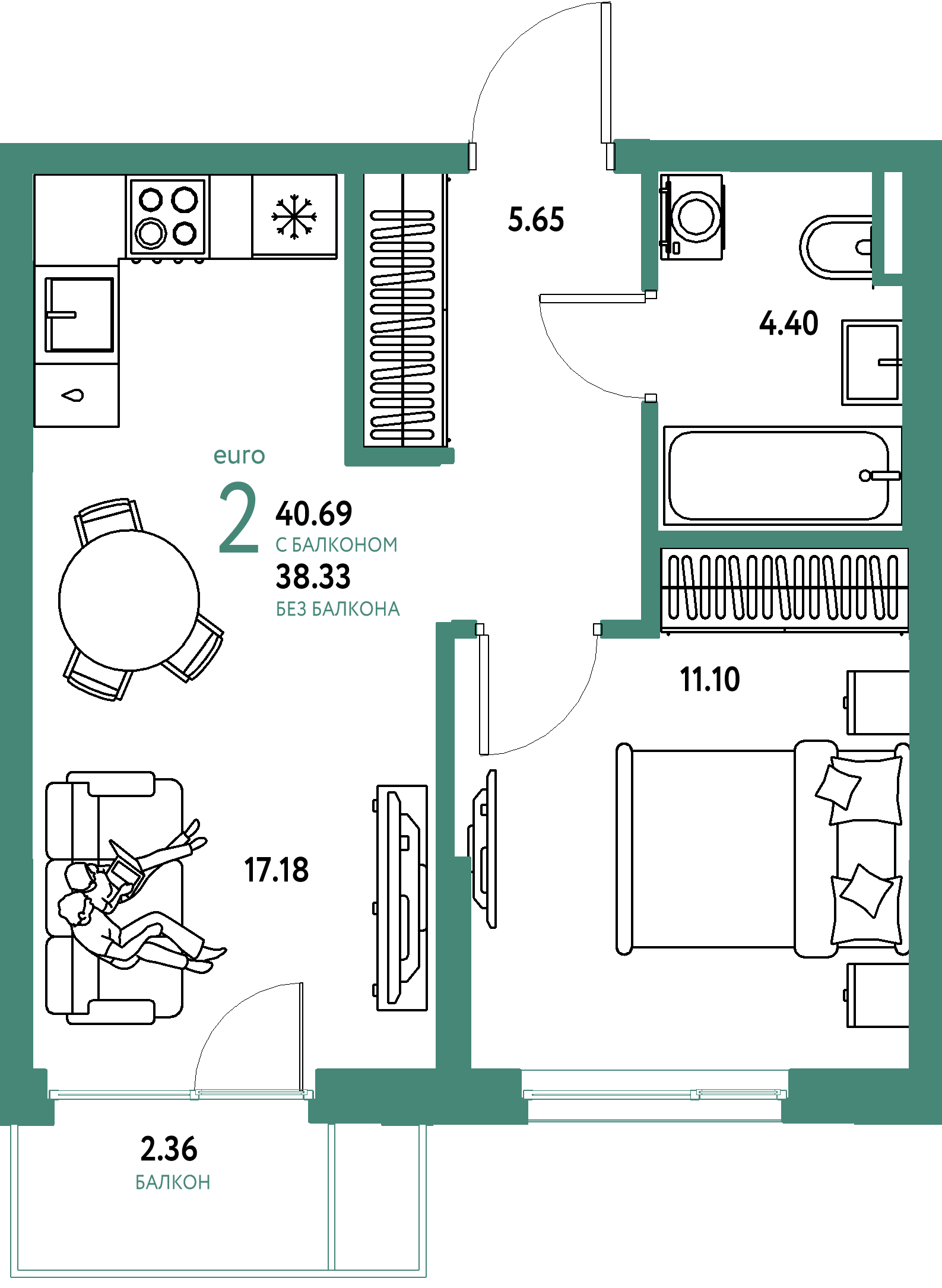 ЖК "Остров-сад"-2-комнатная 41.04 м²