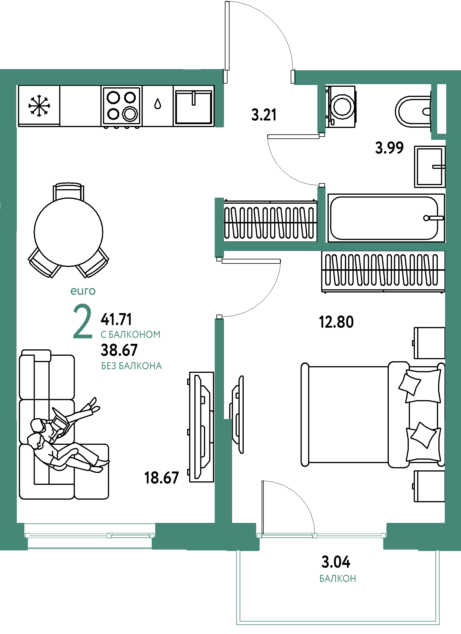 ЖК "Остров-сад"-2-комнатная 41.89 м²