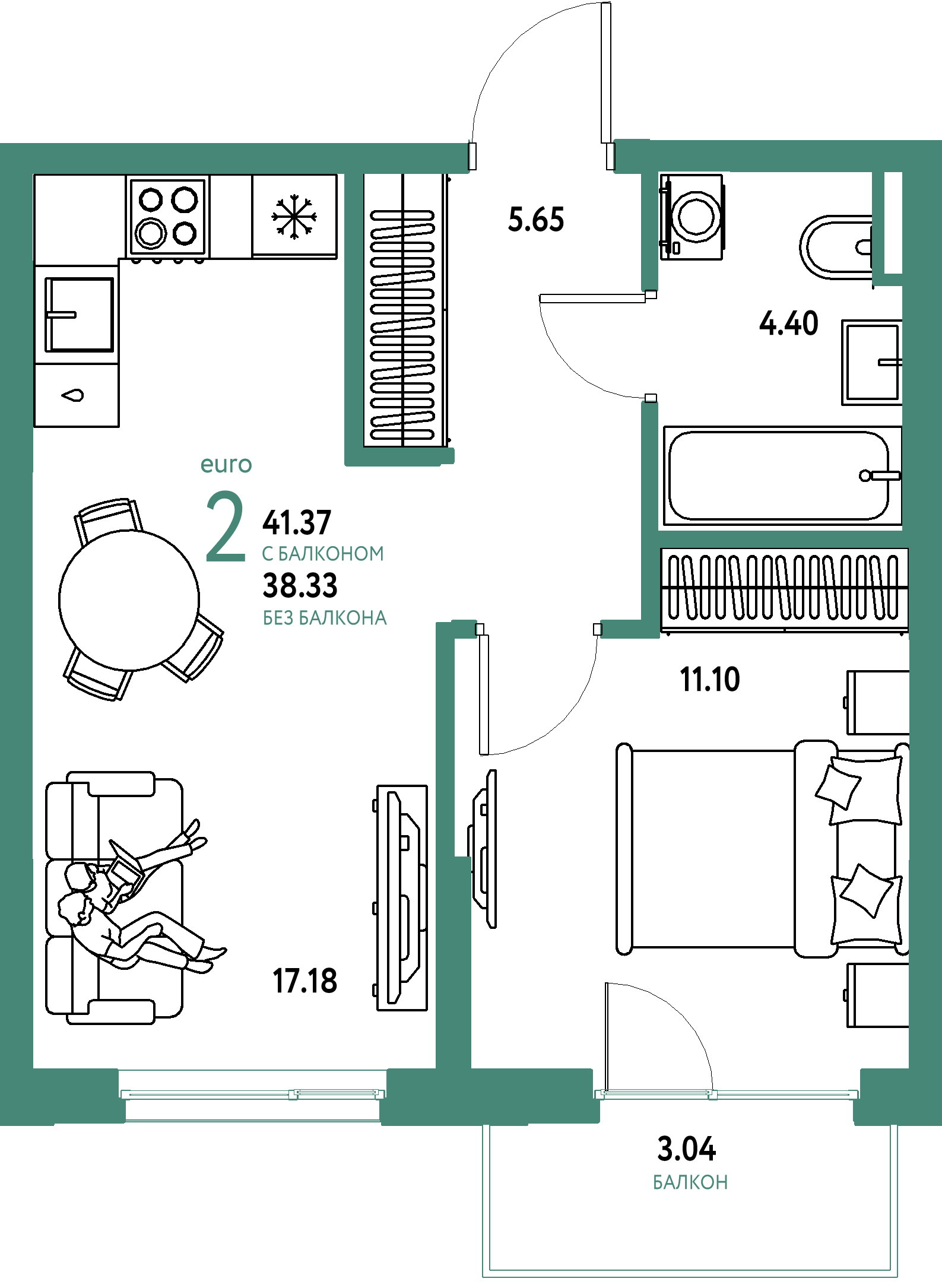 ЖК "Остров-сад"-2-комнатная 41.72 м²