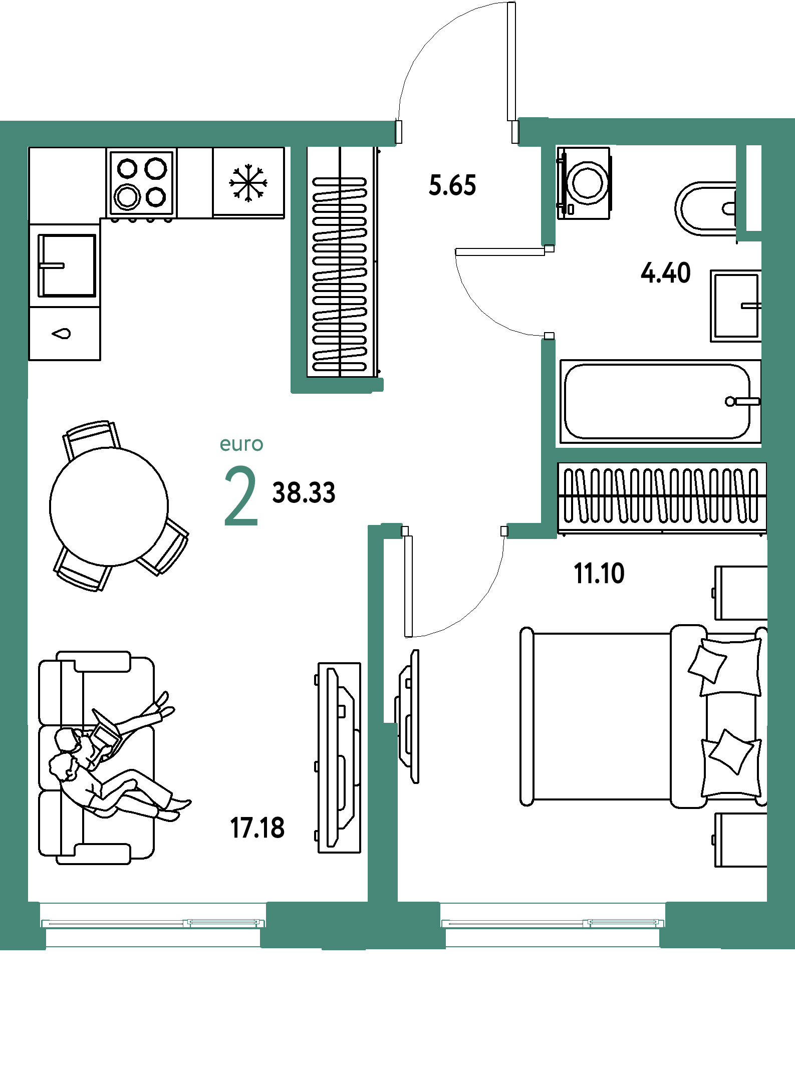 ЖК "Остров-сад"-2-комнатная 38.68 м²