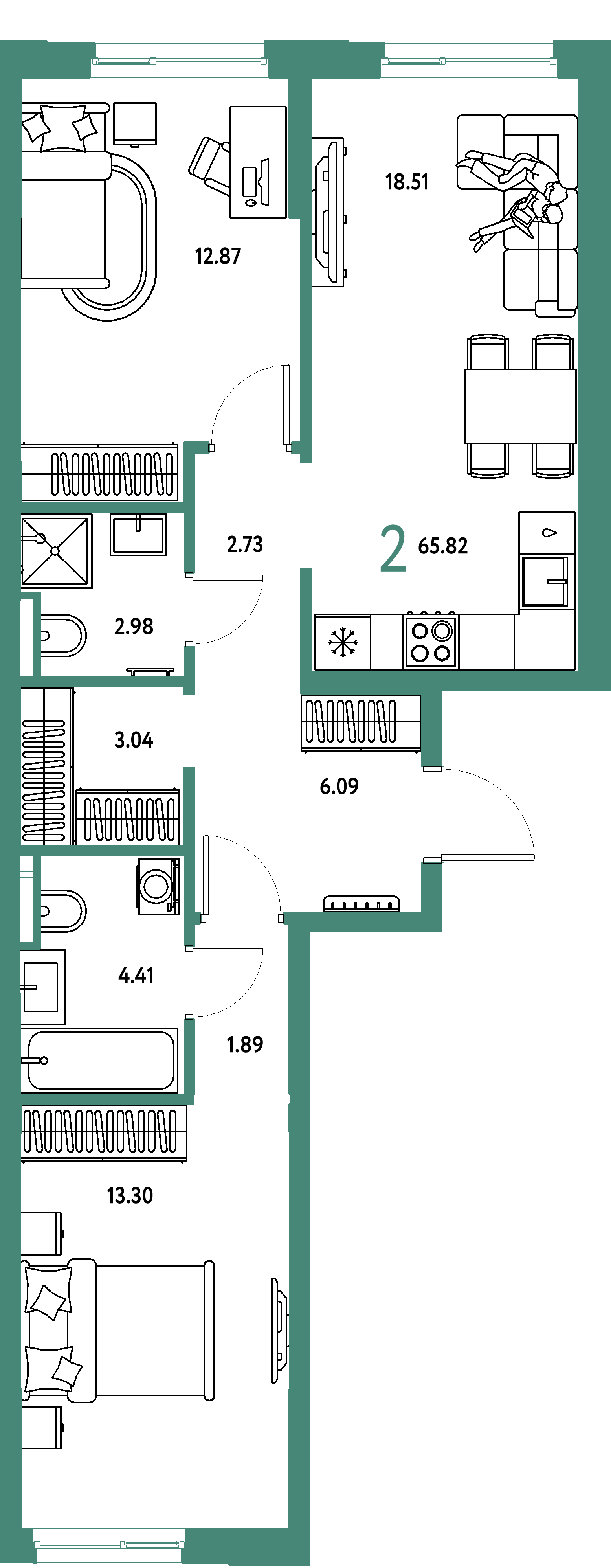 ЖК "Остров-сад"-2-комнатная 66.26 м²