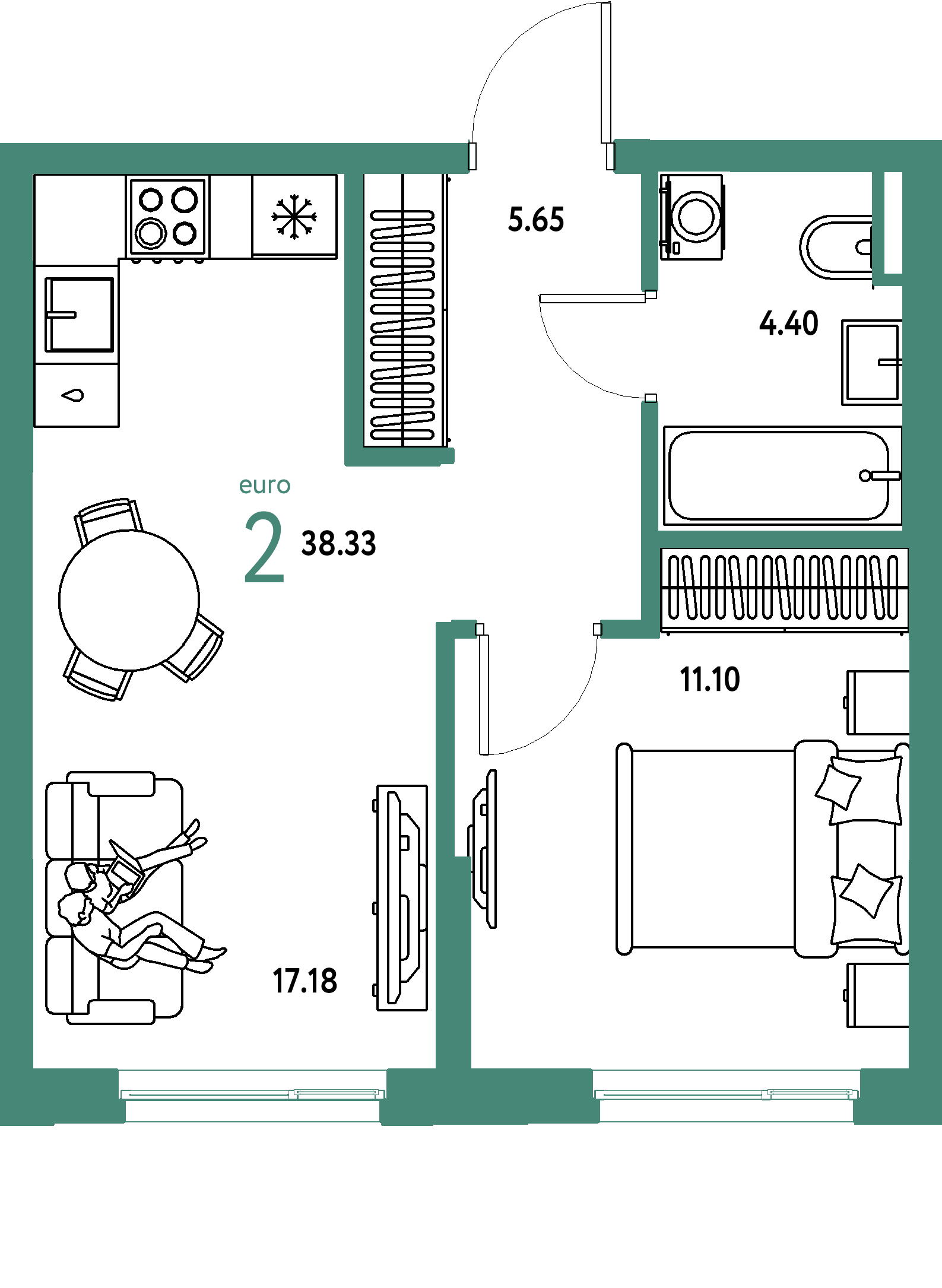 ЖК "Остров-сад"-2-комнатная 38.68 м²