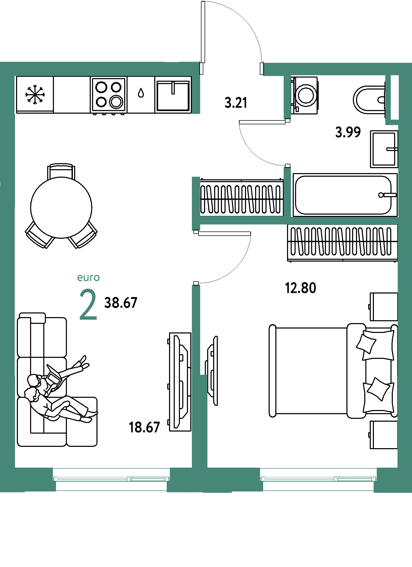 ЖК "Остров-сад"-2-комнатная 38.85 м²