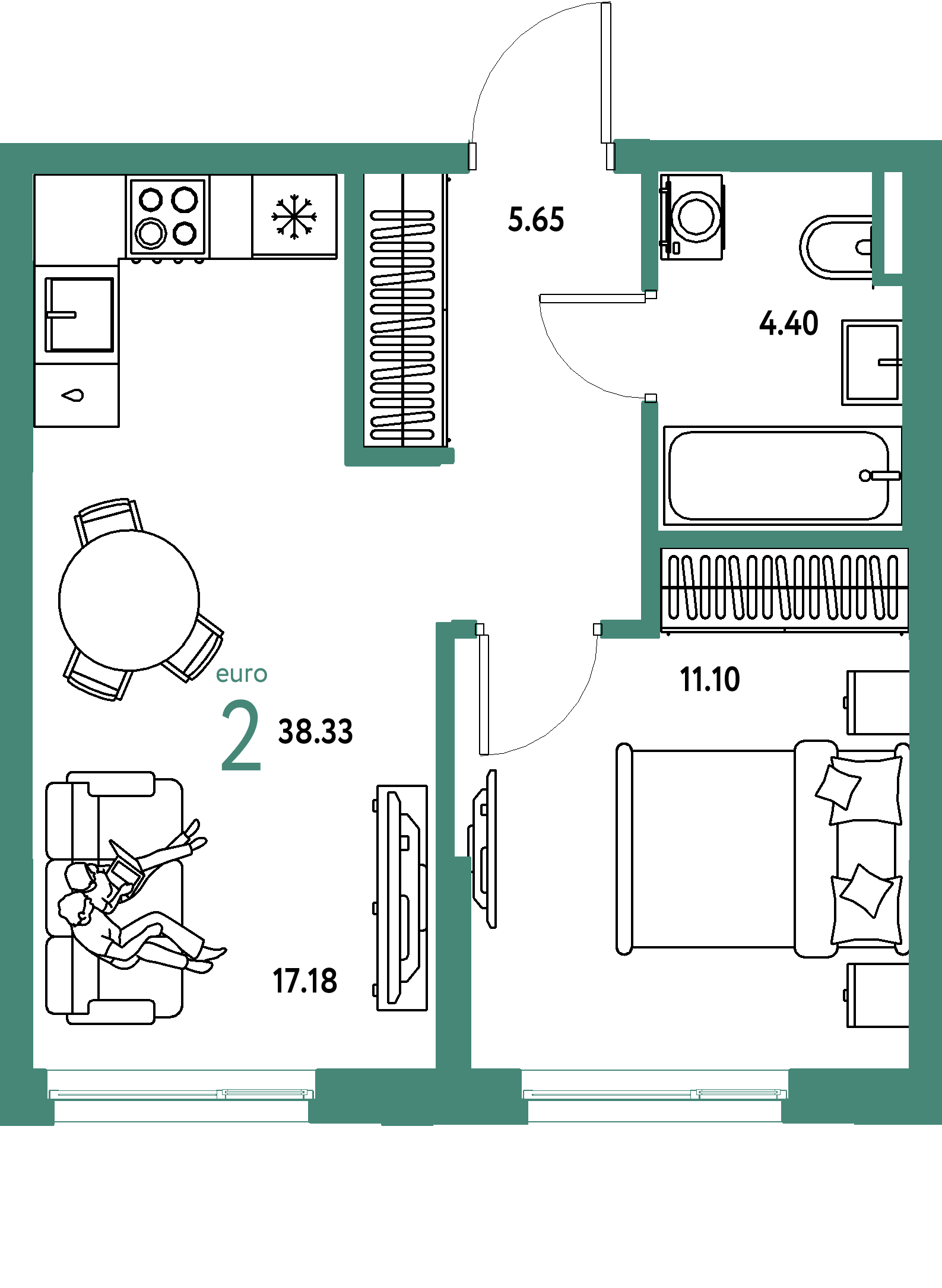 ЖК "Остров-сад"-2-комнатная 38.68 м²