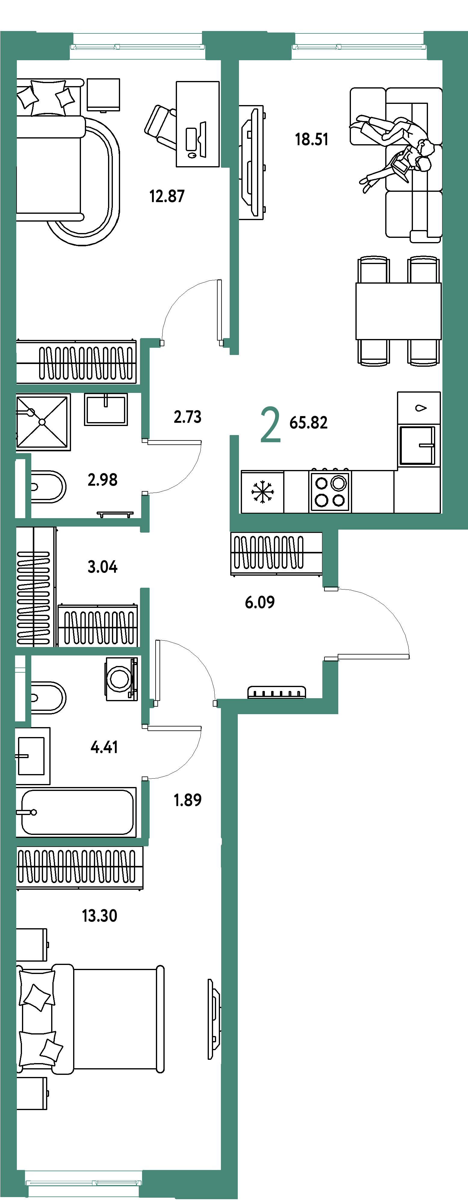 ЖК "Остров-сад"-2-комнатная 66.26 м²