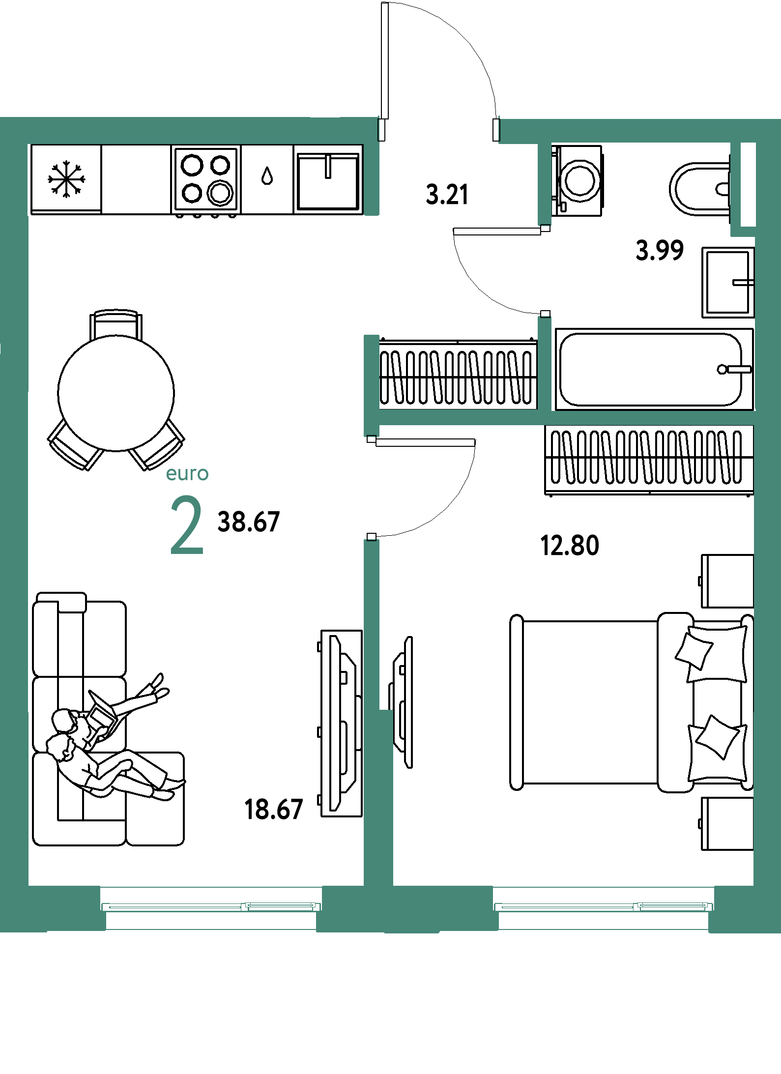 ЖК "Остров-сад"-2-комнатная 38.85 м²