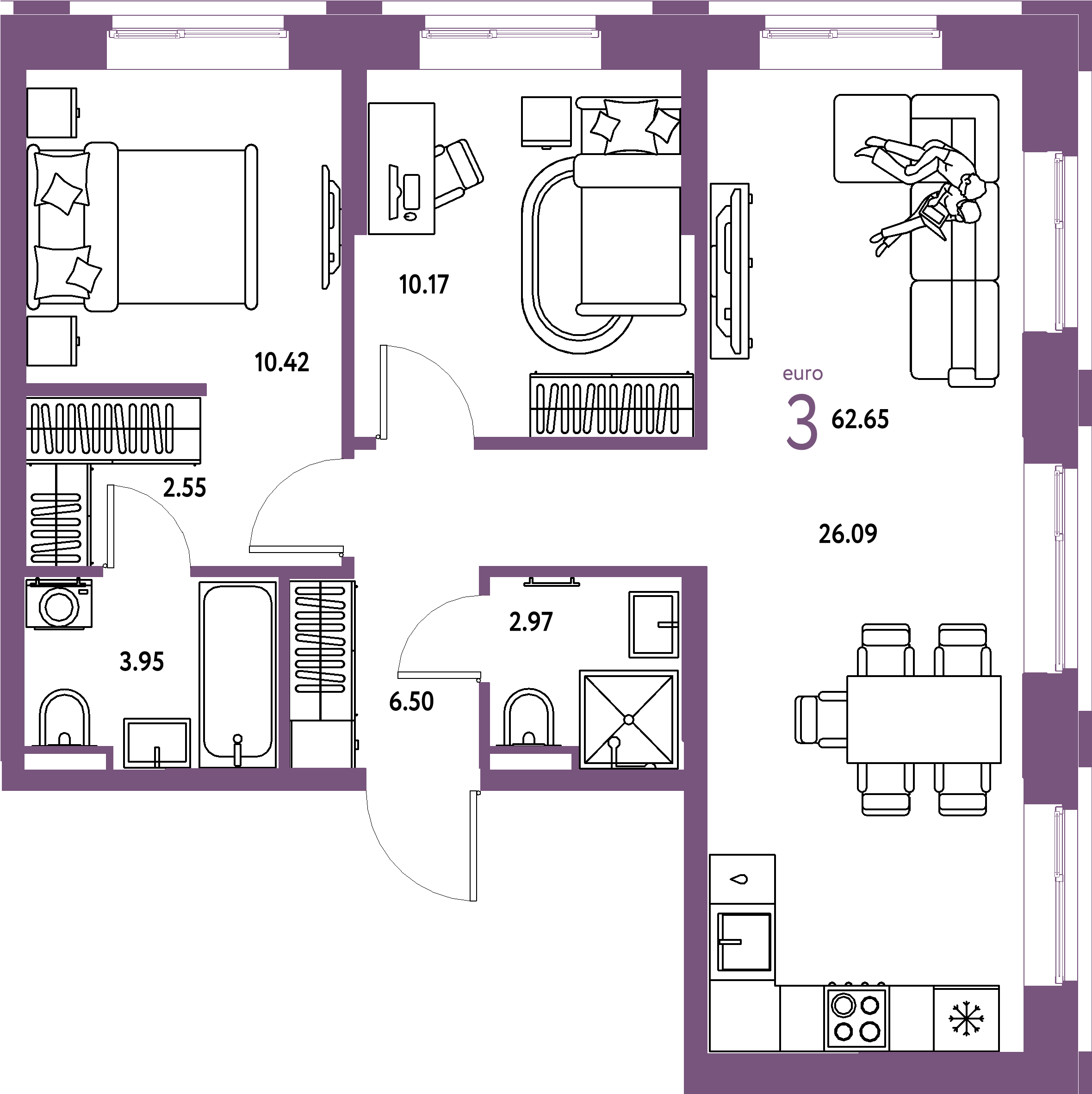 ЖК "Остров-сад"-3-комнатная 62.99 м²